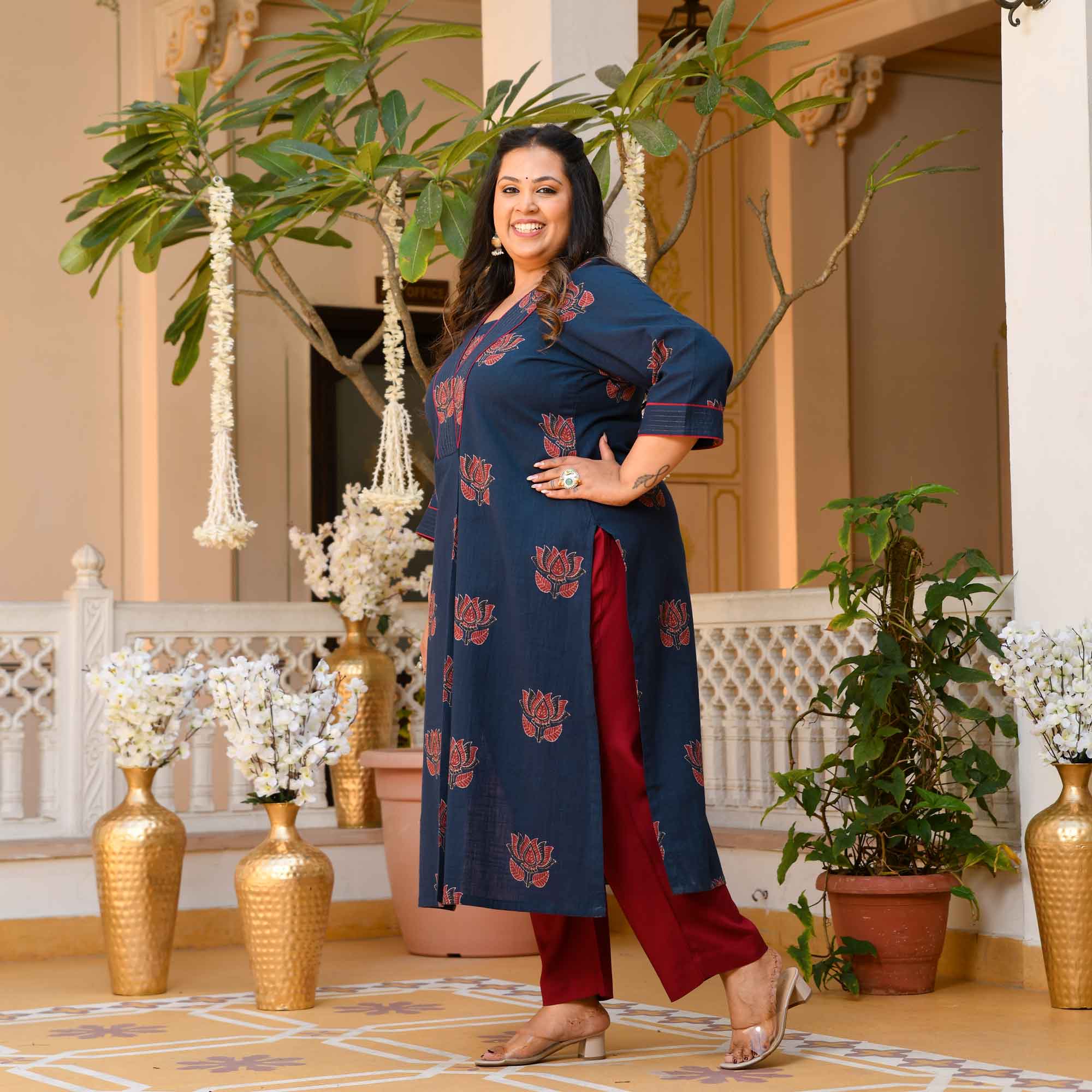 Kesar Pista- Navy Blue Lotus Ajrakh Pleated Pure Cotton Kurta