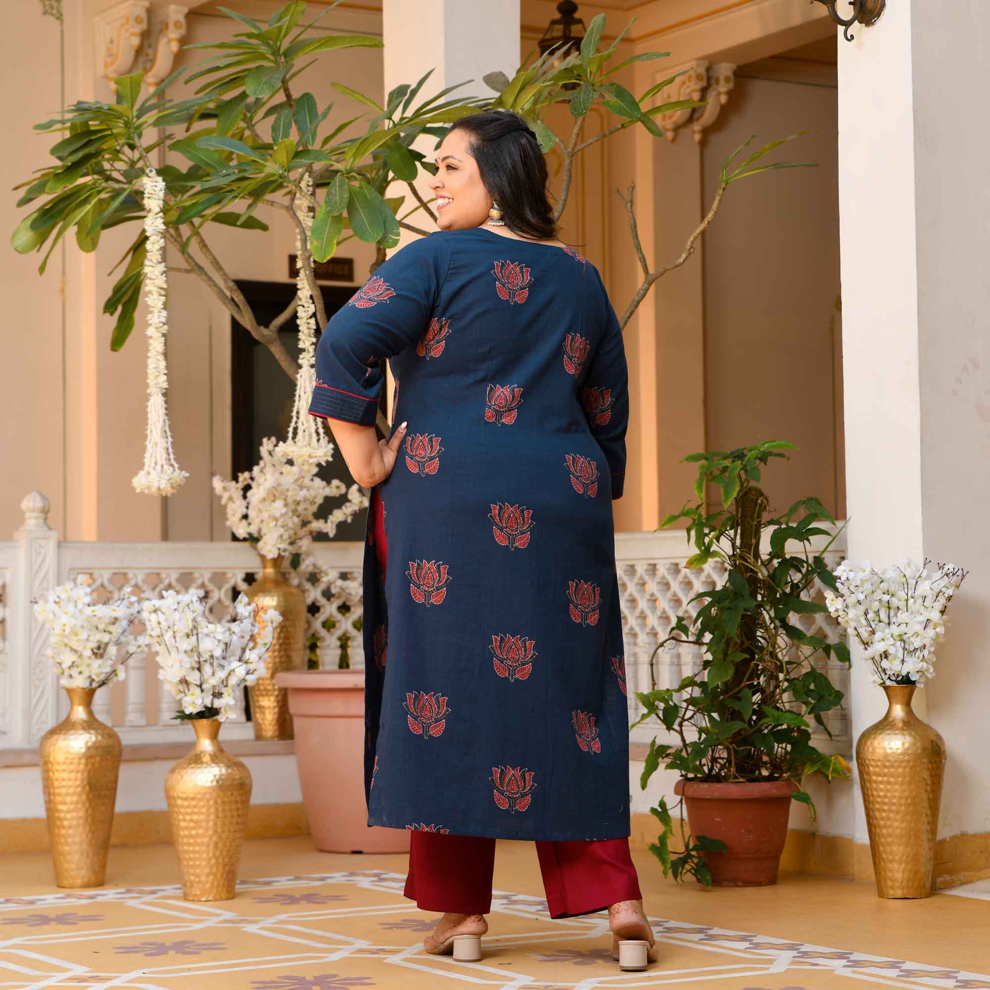 Kesar Pista- Navy Blue Lotus Ajrakh Pleated Pure Cotton Kurta