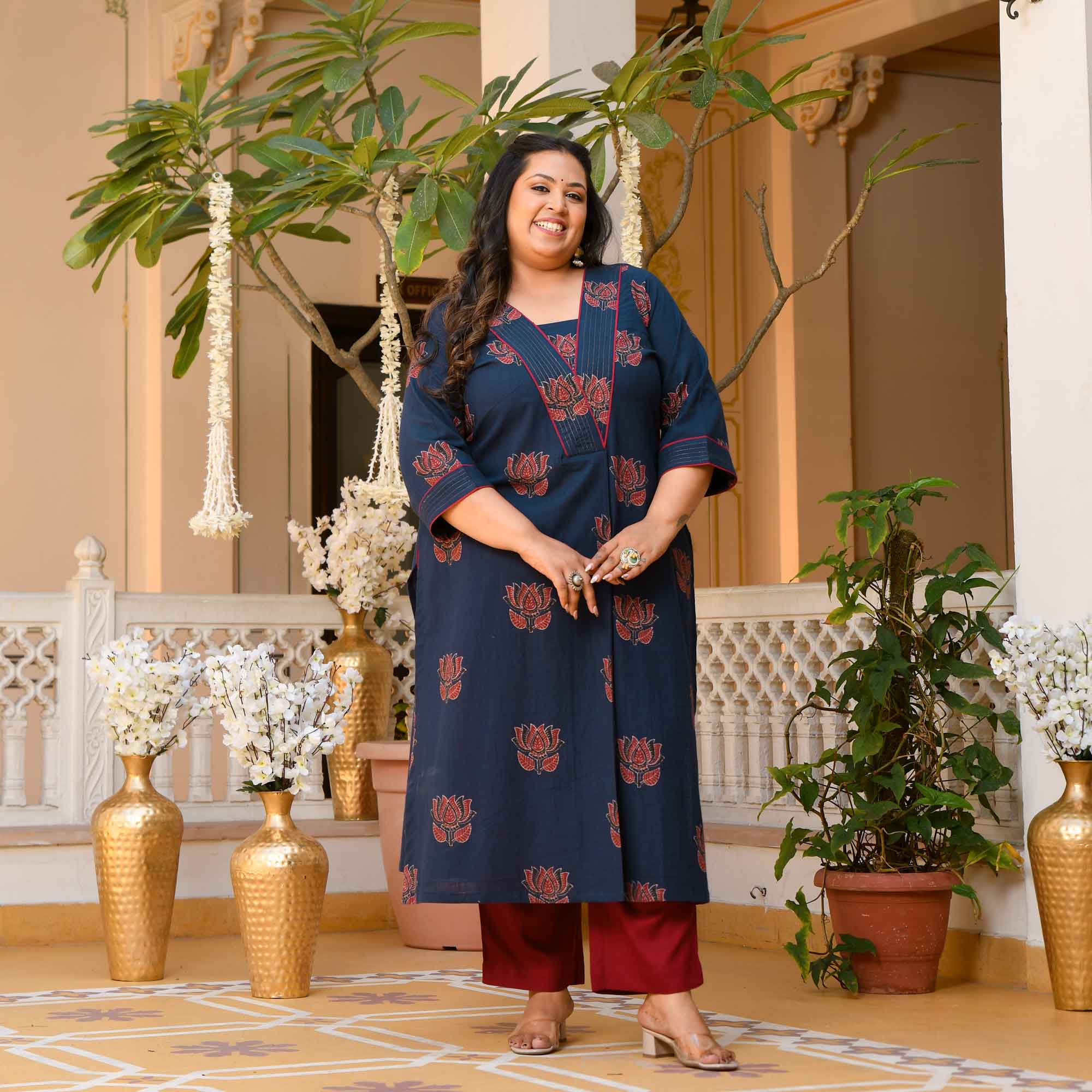 Kesar Pista- Navy Blue Lotus Ajrakh Pleated Pure Cotton Kurta