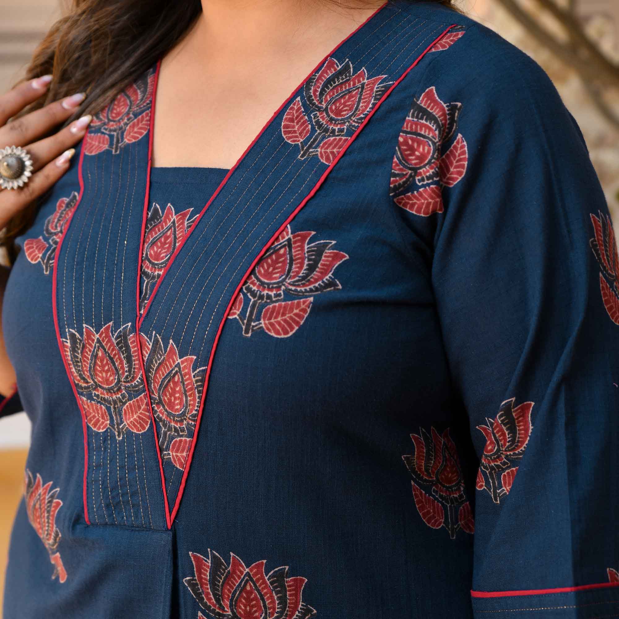 Kesar Pista- Navy Blue Lotus Ajrakh Pleated Pure Cotton Kurta