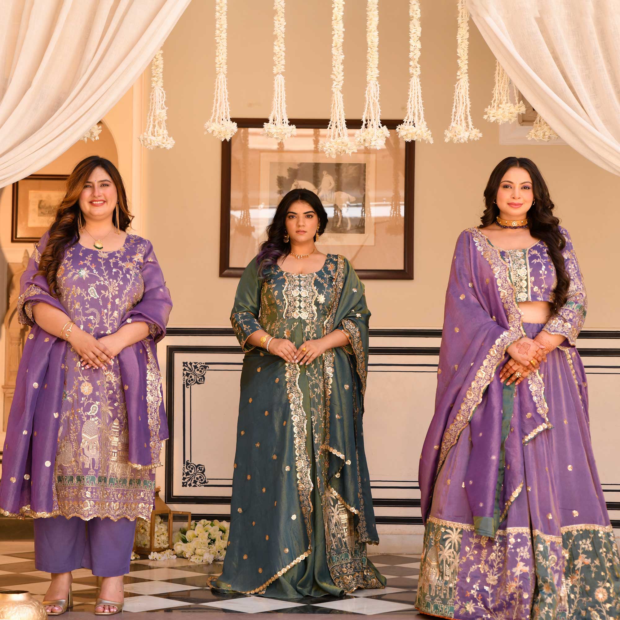 Urvashi - Wisteria Purple Sequin & Thread Embroidered Pure Tissue Silk Suit Set