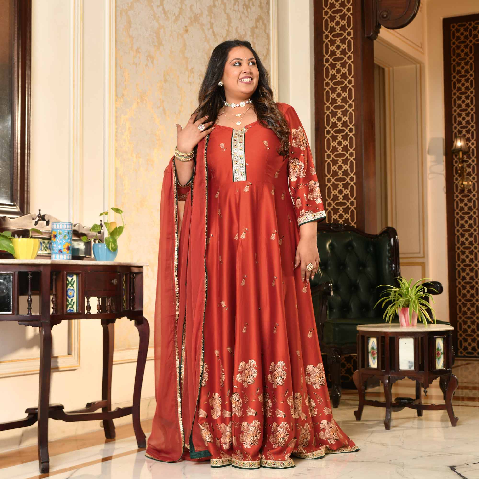 Manek Chowk- Rust Orange Pure Gaji Silk Floral Anarkali Set