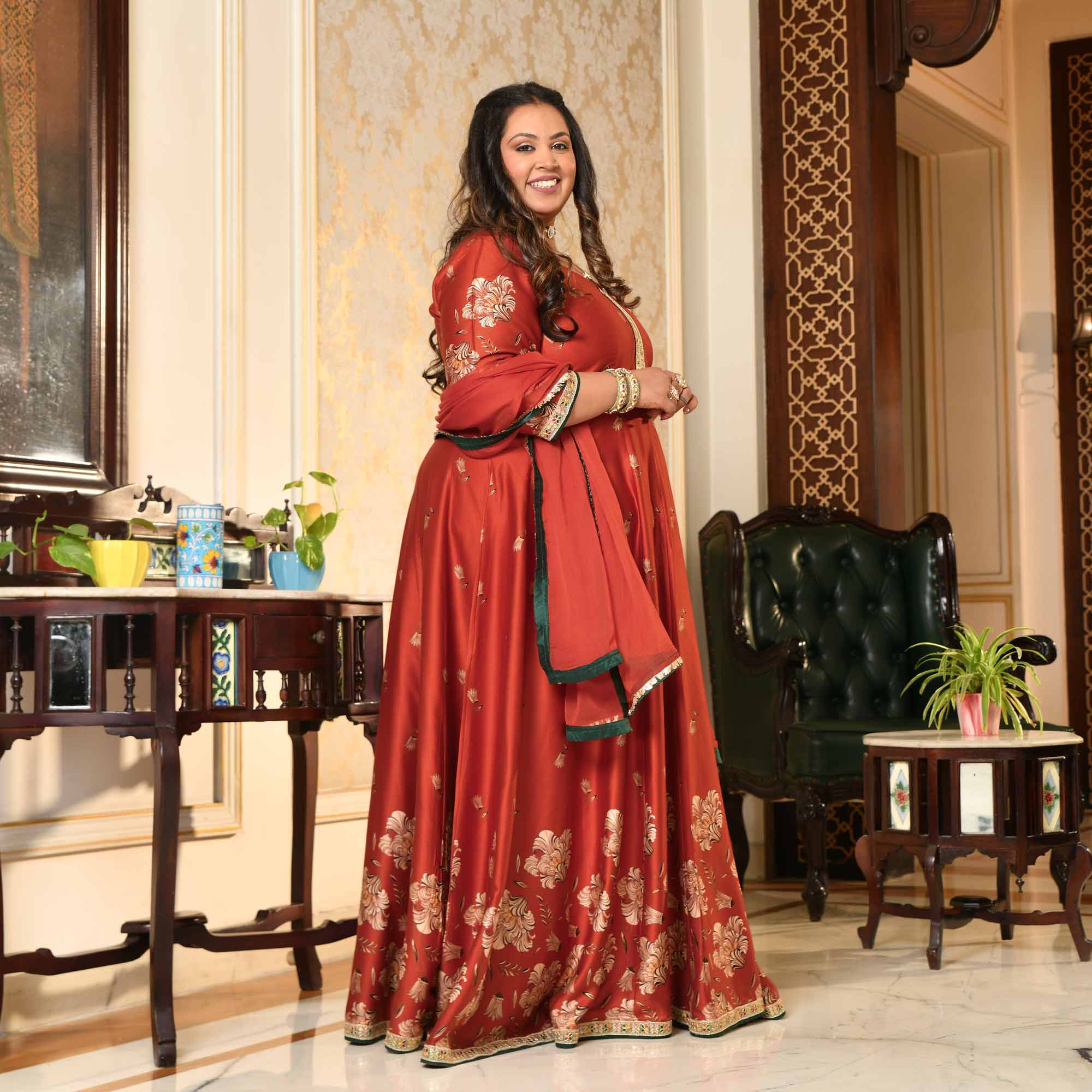 Manek Chowk- Rust Orange Pure Gaji Silk Floral Anarkali Set