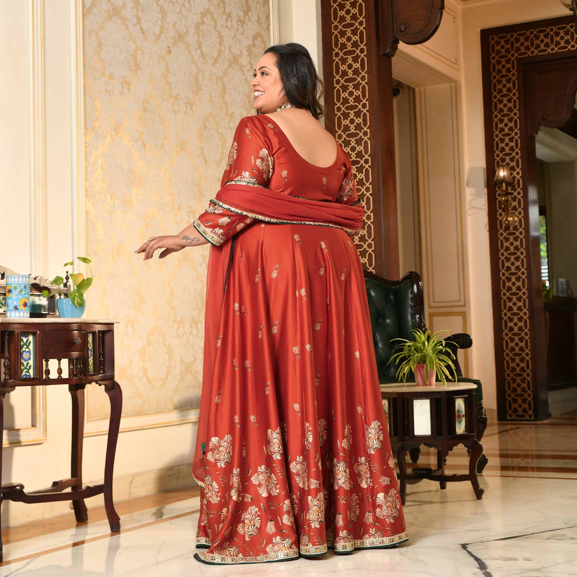 Manek Chowk- Rust Orange Pure Gaji Silk Floral Anarkali Set