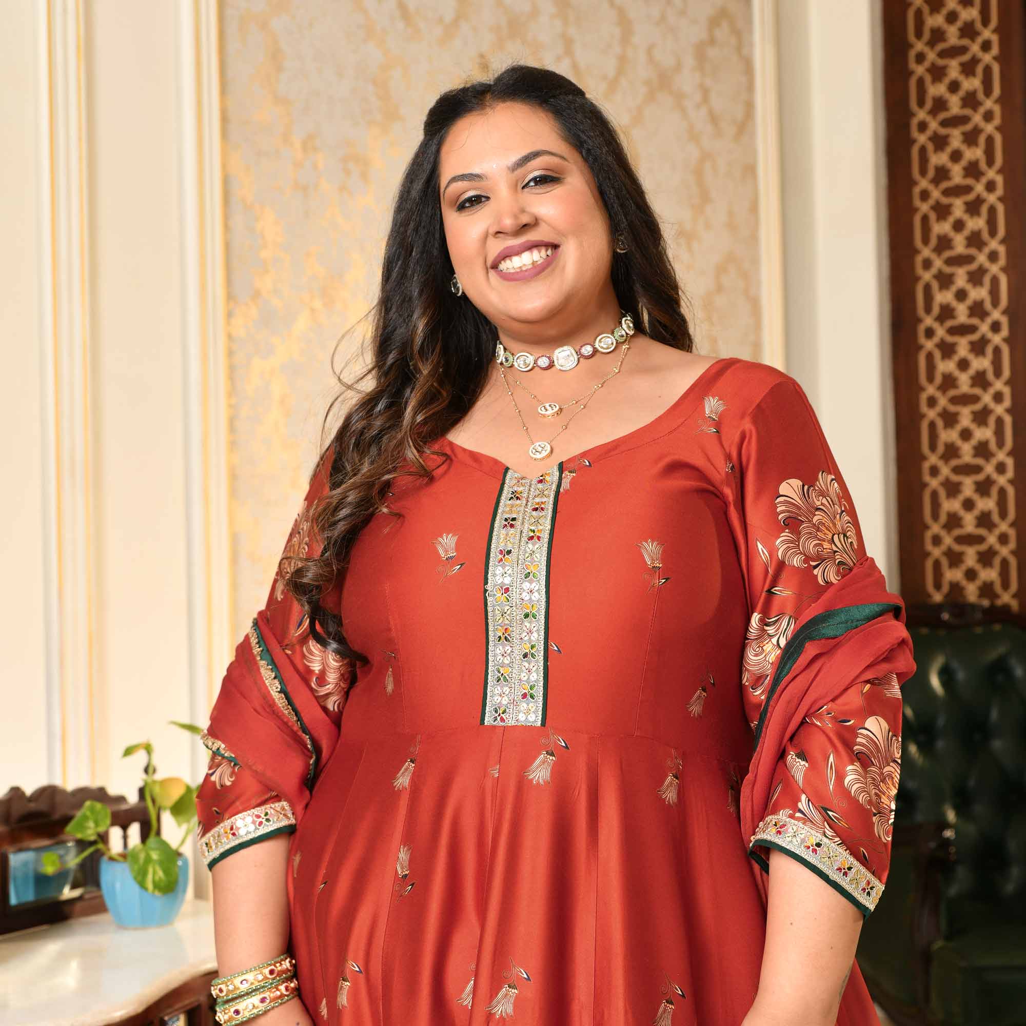 Manek Chowk- Rust Orange Pure Gaji Silk Floral Anarkali Set