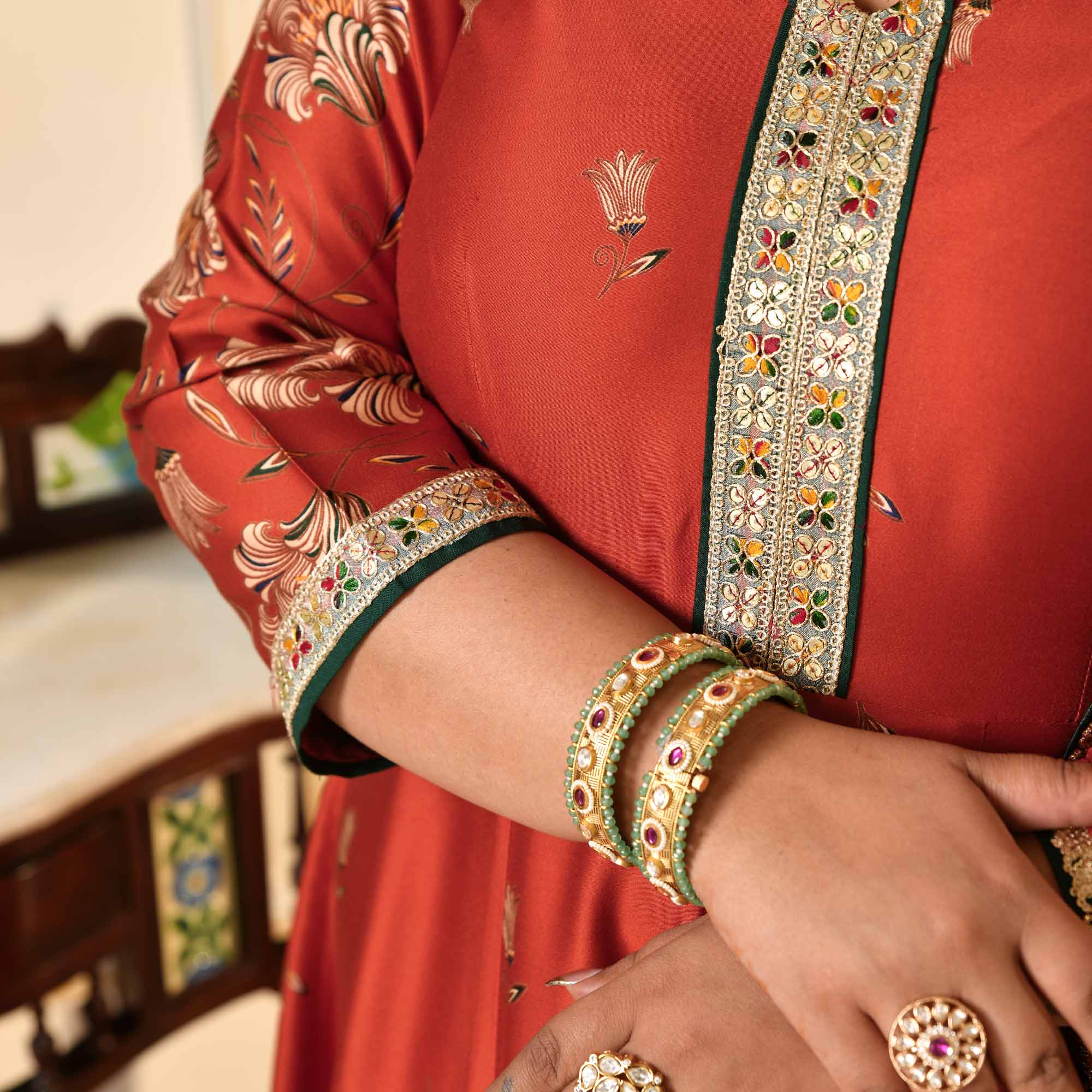 Manek Chowk- Rust Orange Pure Gaji Silk Floral Anarkali Set