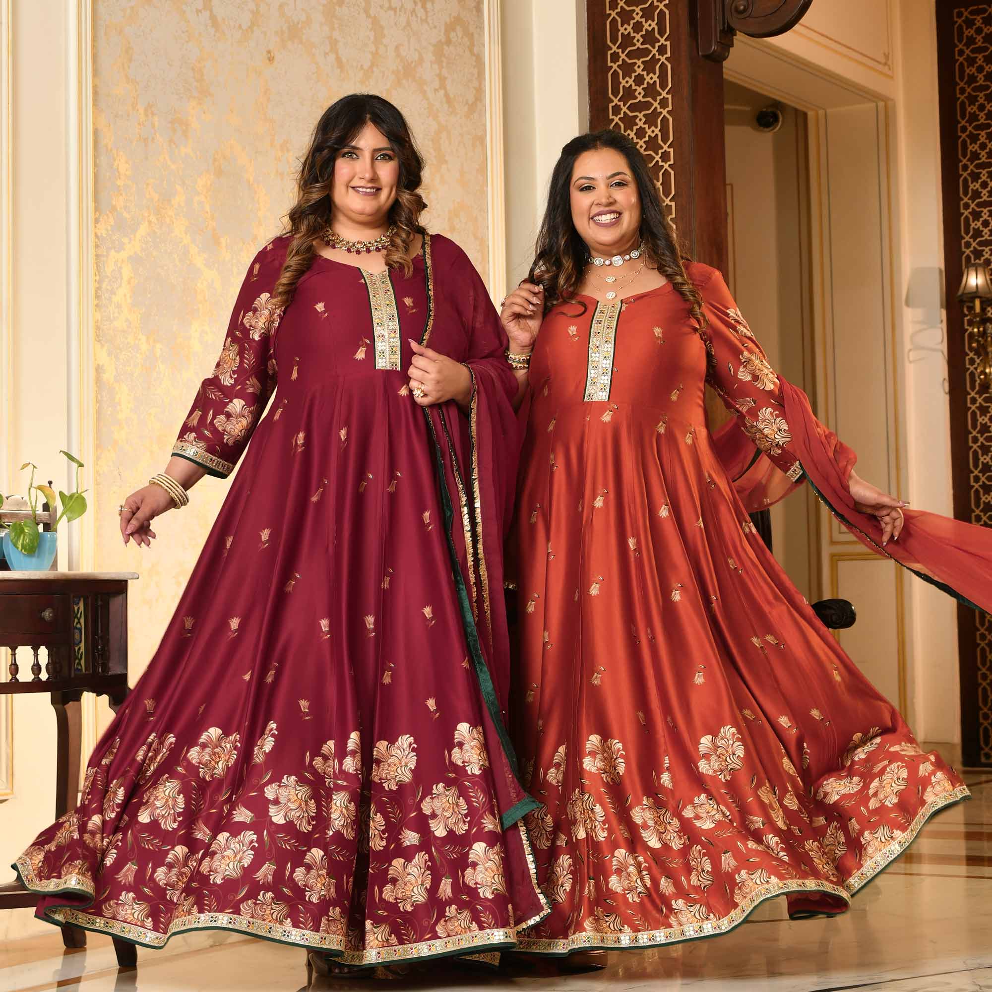 Manek Chowk- Rust Orange Pure Gaji Silk Floral Anarkali Set