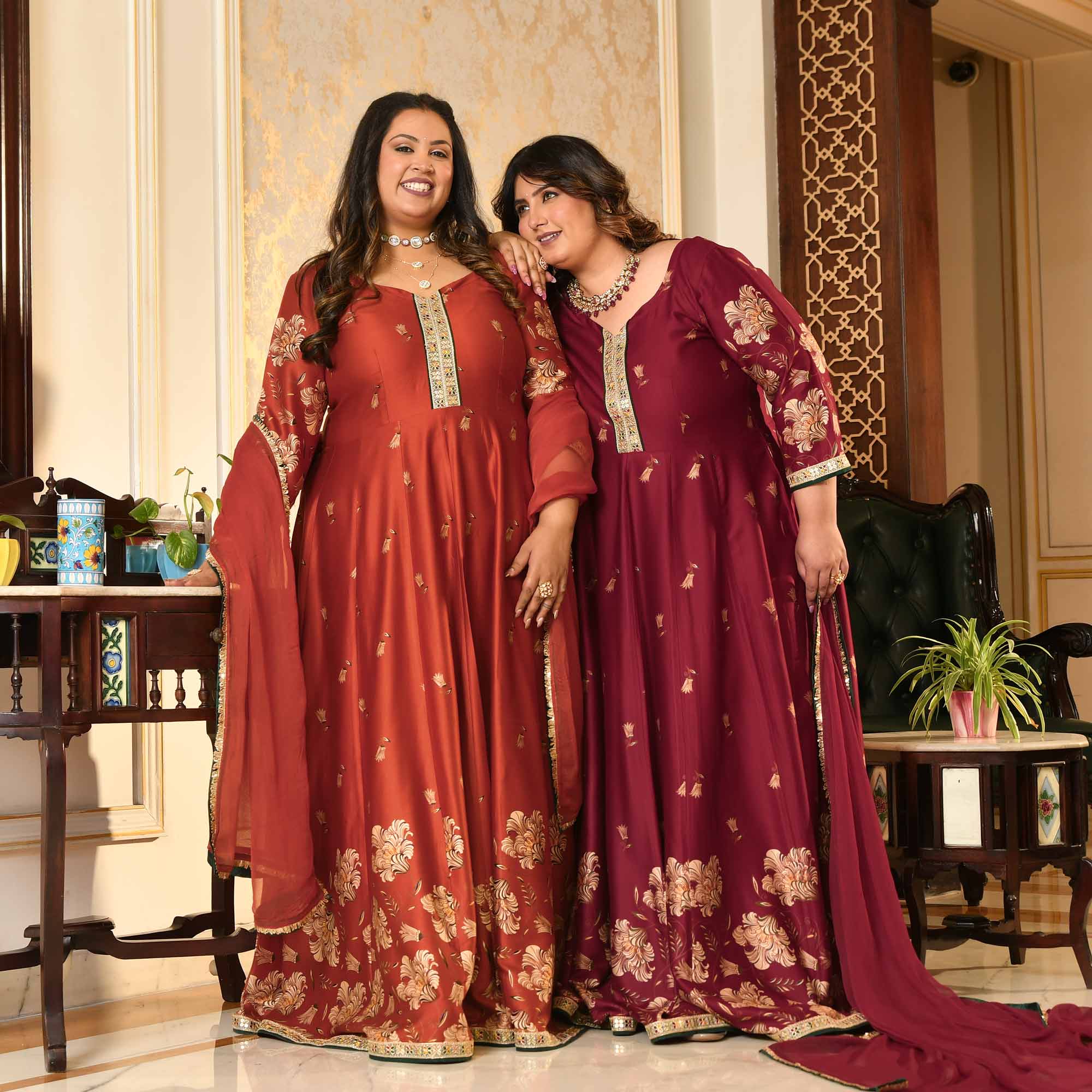 Manek Chowk- Rust Orange Pure Gaji Silk Floral Anarkali Set