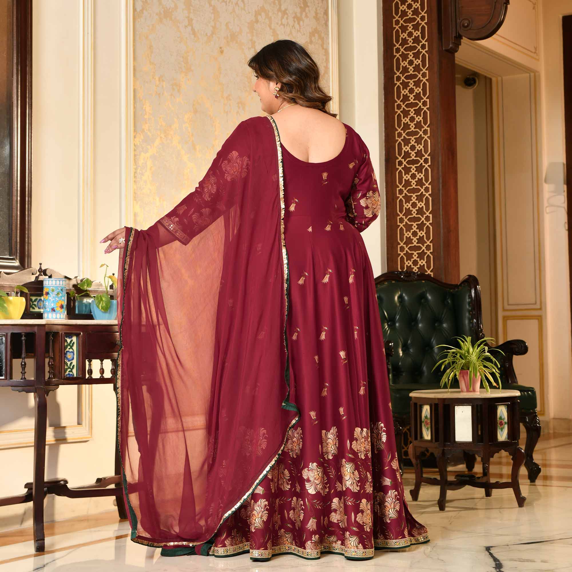 Lal Darwaza- Maroon Pure Gaji Silk Floral Anarkali Set