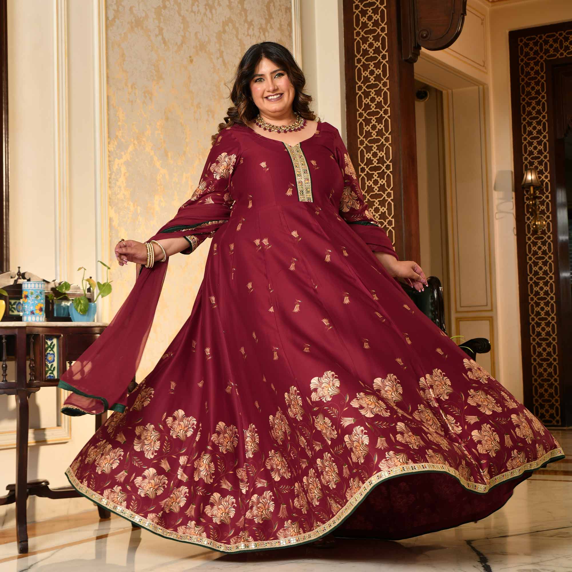 Lal Darwaza- Maroon Pure Gaji Silk Floral Anarkali Set