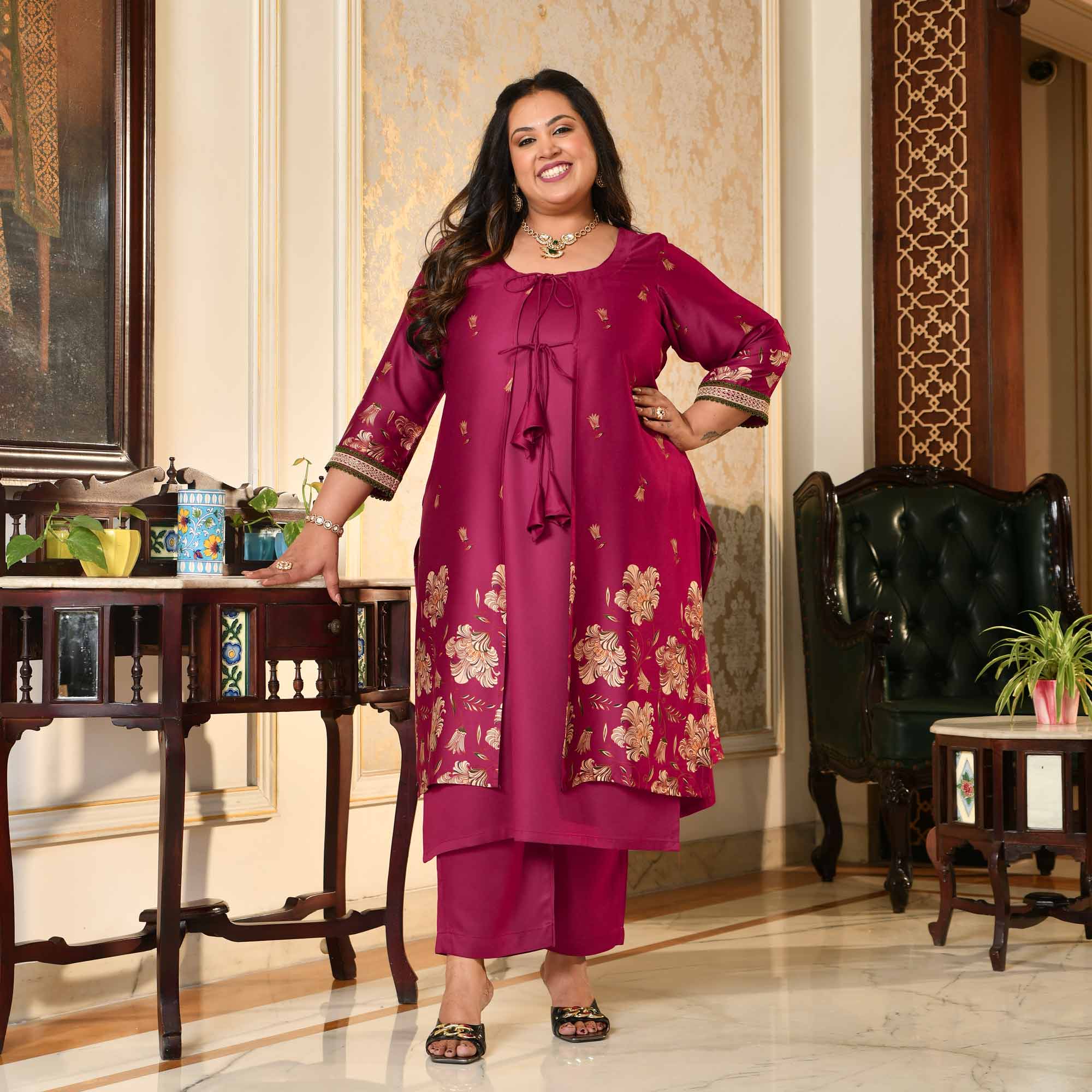 Mandvi- Magenta Pink Pure Gaji Silk Floral Cape Set