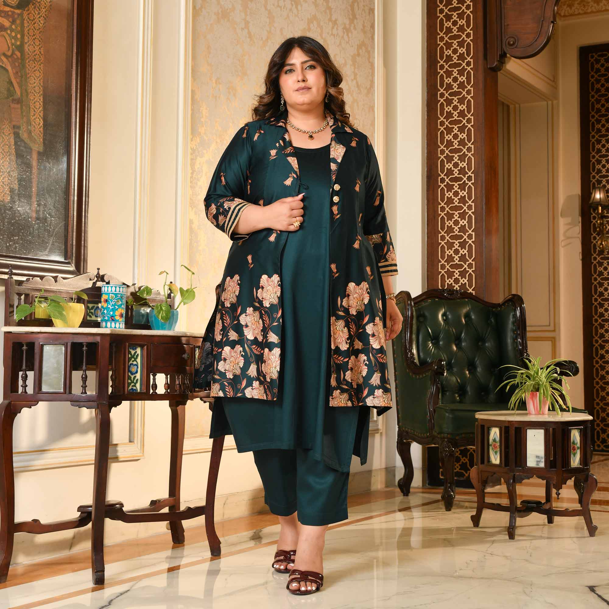 Sabarmati- Peacock Blue Pure Gaji Silk Floral Cape Set