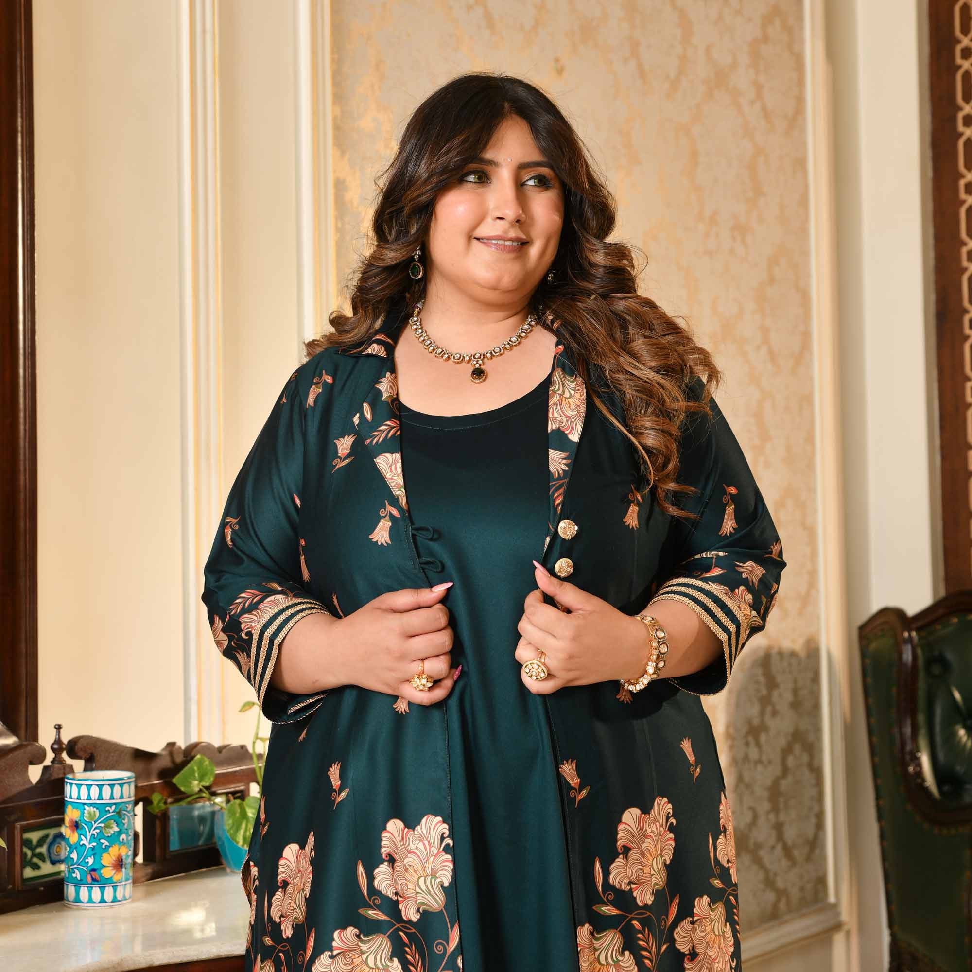 Sabarmati- Peacock Blue Pure Gaji Silk Floral Cape Set