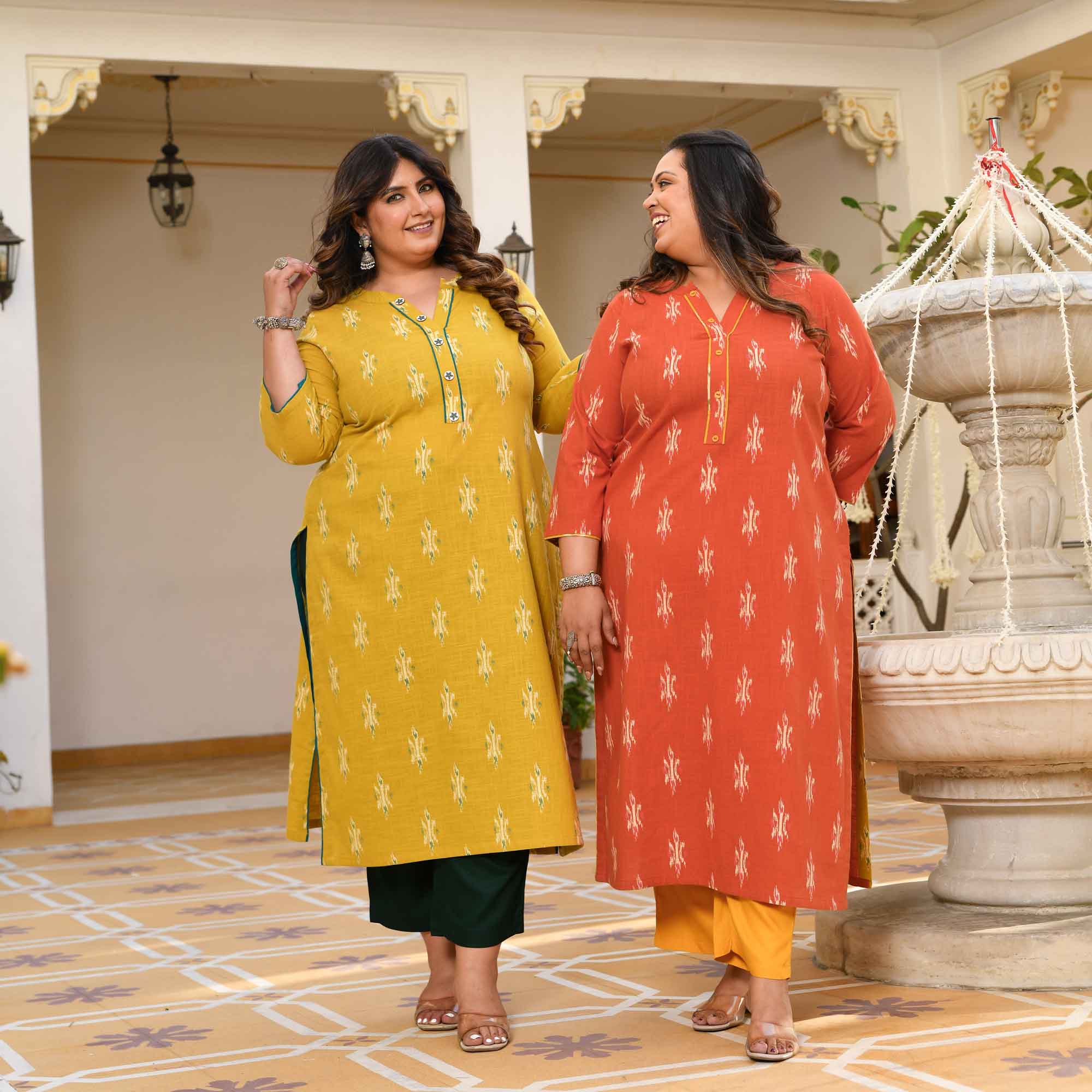 Pumpkin Bliss- Rust Orange Ikkat Printed Pure Cotton Kurta