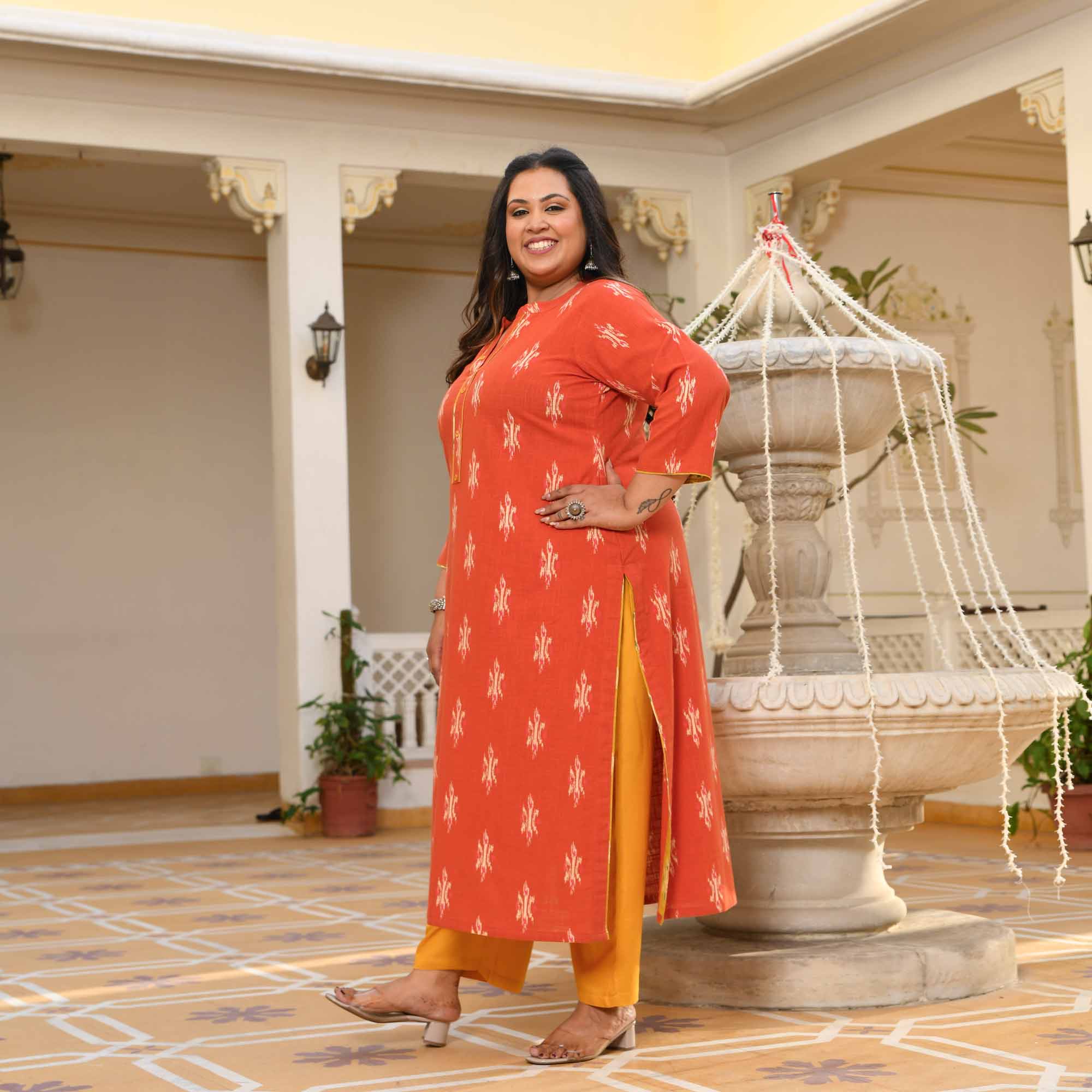 Pumpkin Bliss- Rust Orange Ikkat Printed Pure Cotton Kurta