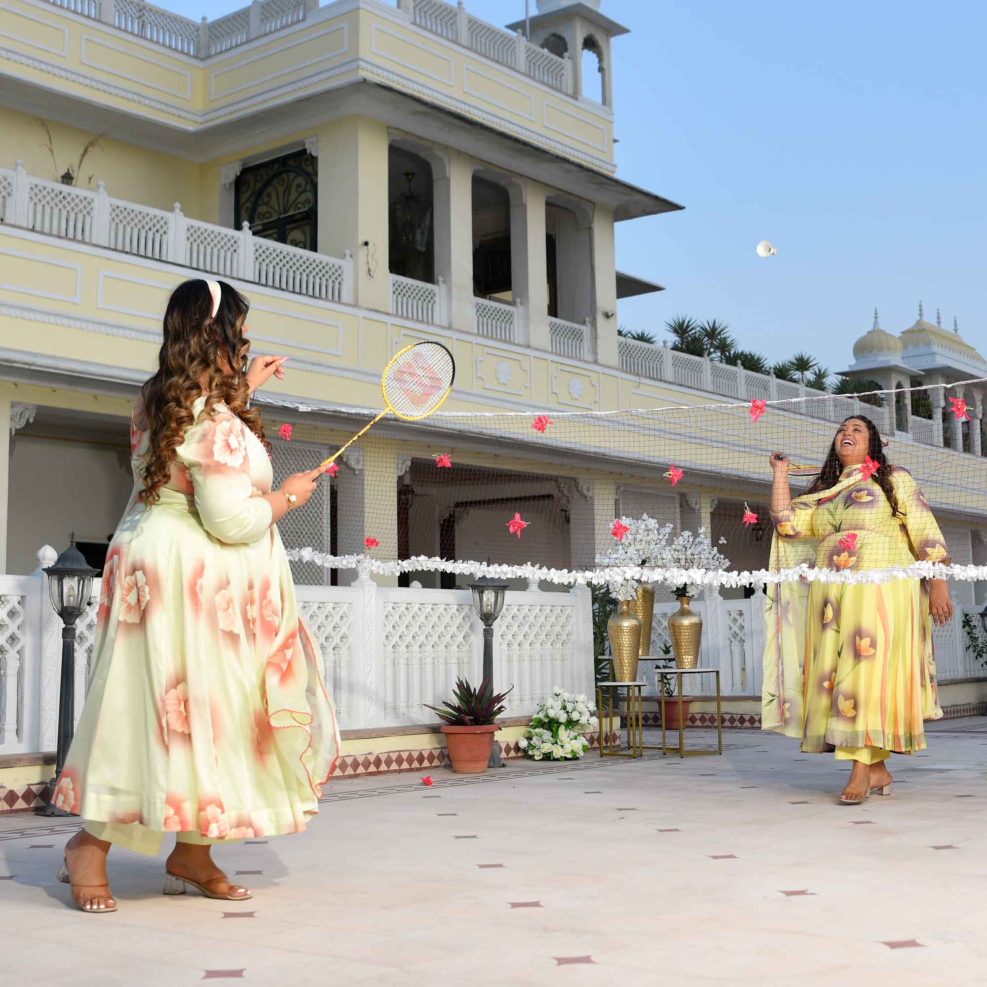 Lemon Chiffon Floral Hand Painted Crepe Chiffon Blend Anarkali Set