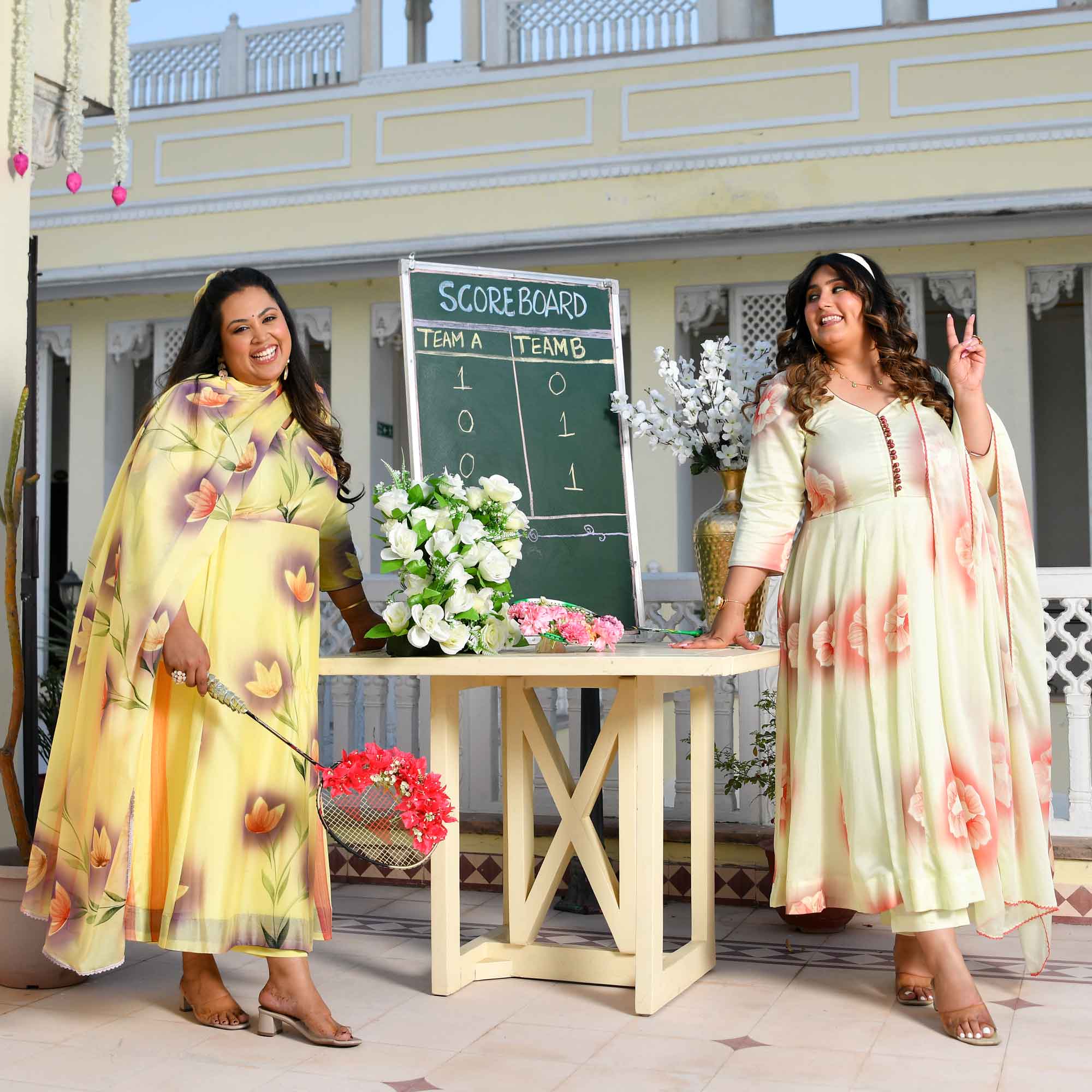 Butter Yellow Floral Hand Painted Crepe Chiffon Blend Anarkali Set