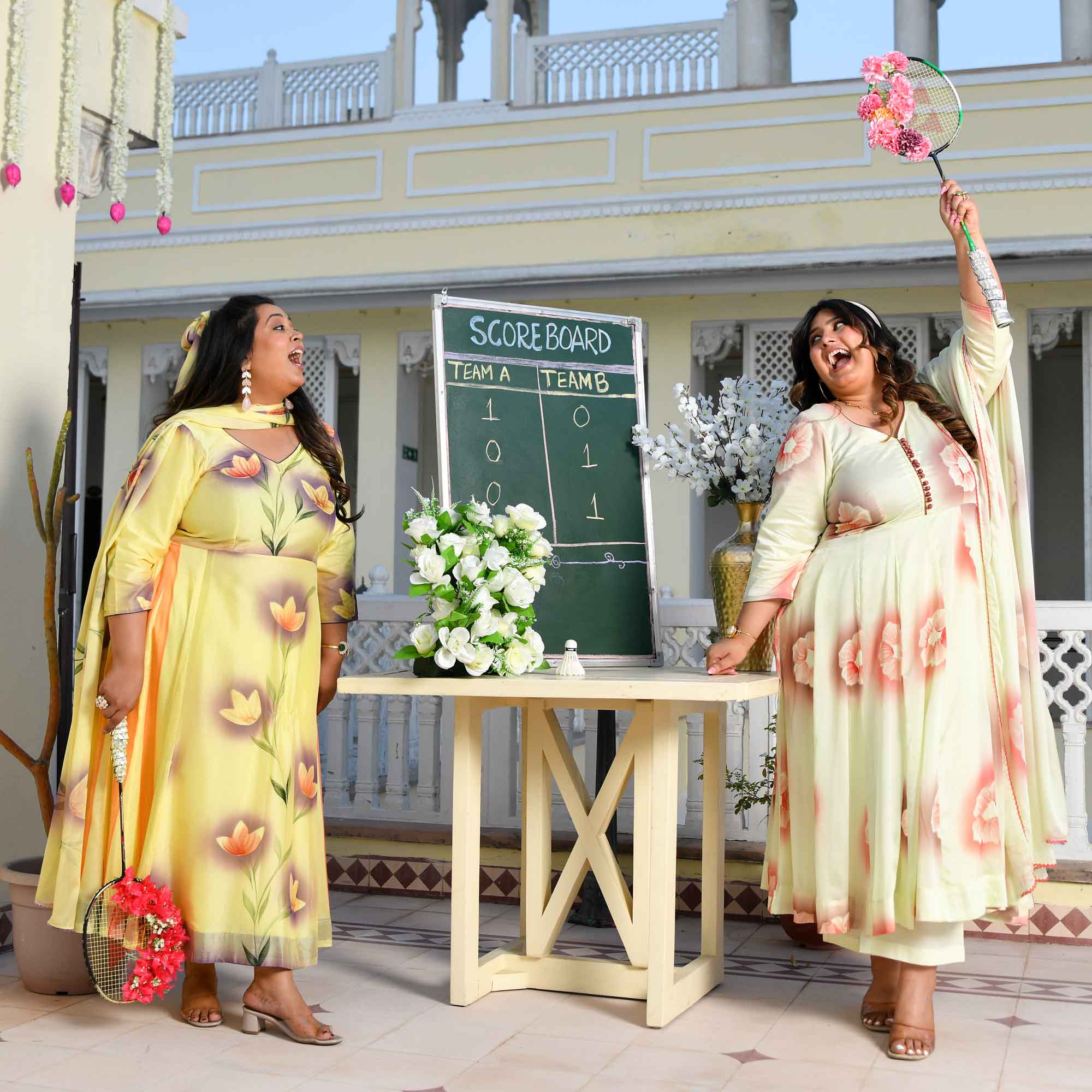 Lemon Chiffon Floral Hand Painted Crepe Chiffon Blend Anarkali Set