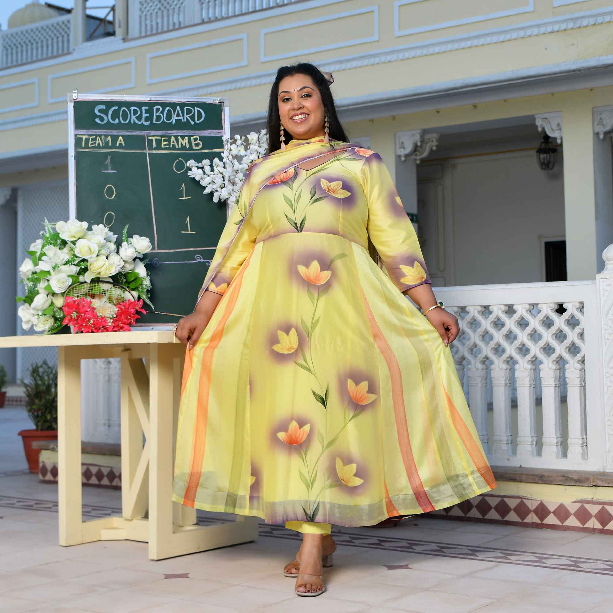 Butter Yellow Floral Hand Painted Crepe Chiffon Blend Anarkali Set