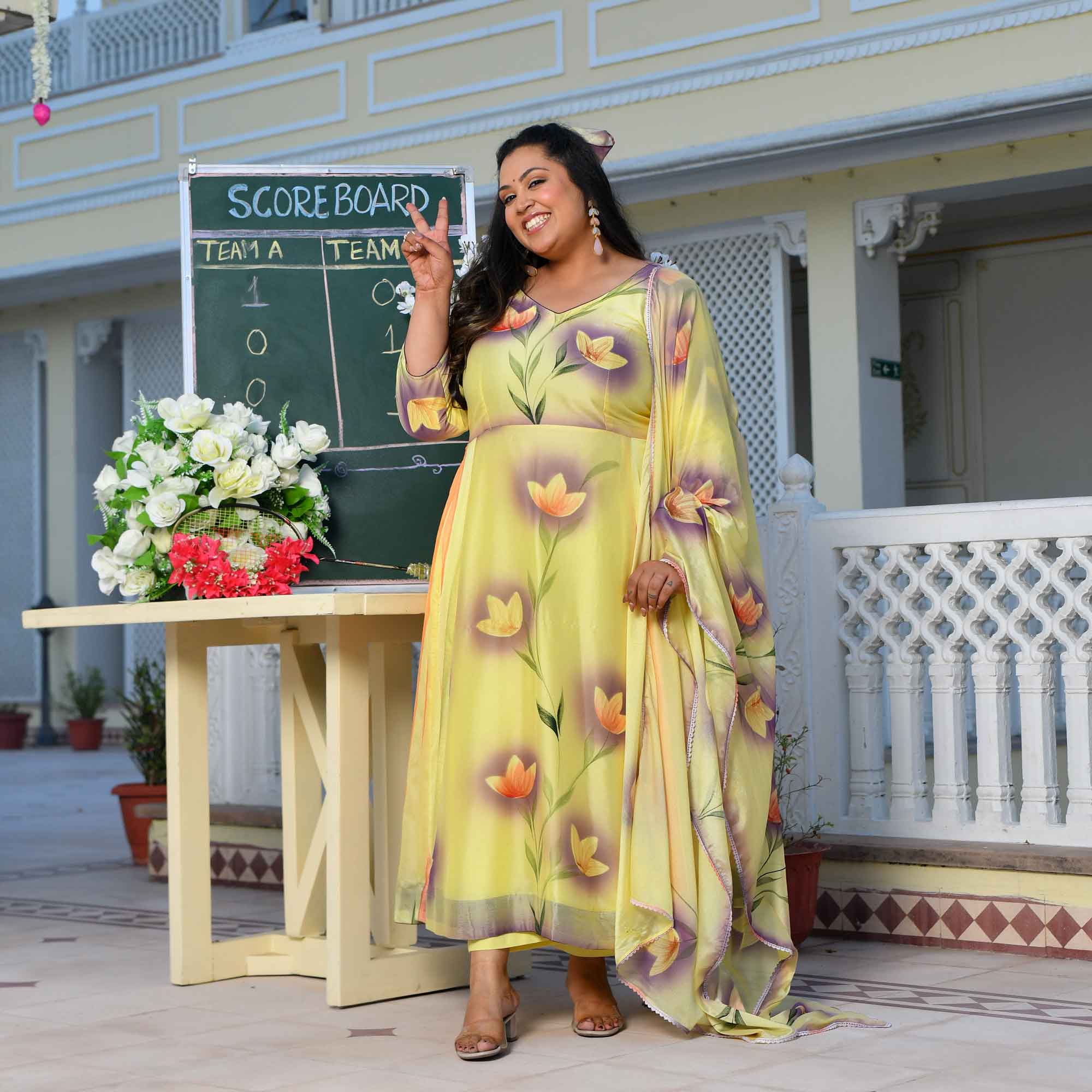 Butter Yellow Floral Hand Painted Crepe Chiffon Blend Anarkali Set