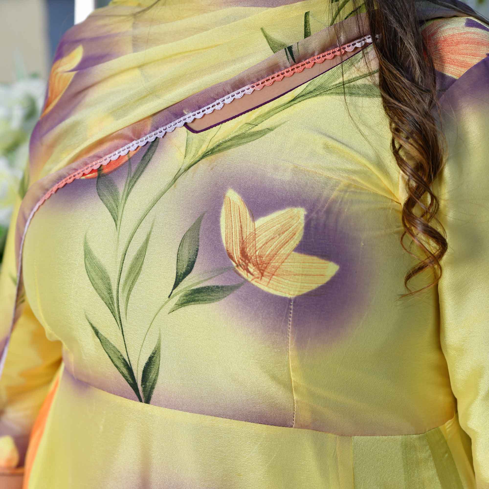 Butter Yellow Floral Hand Painted Crepe Chiffon Blend Anarkali Set