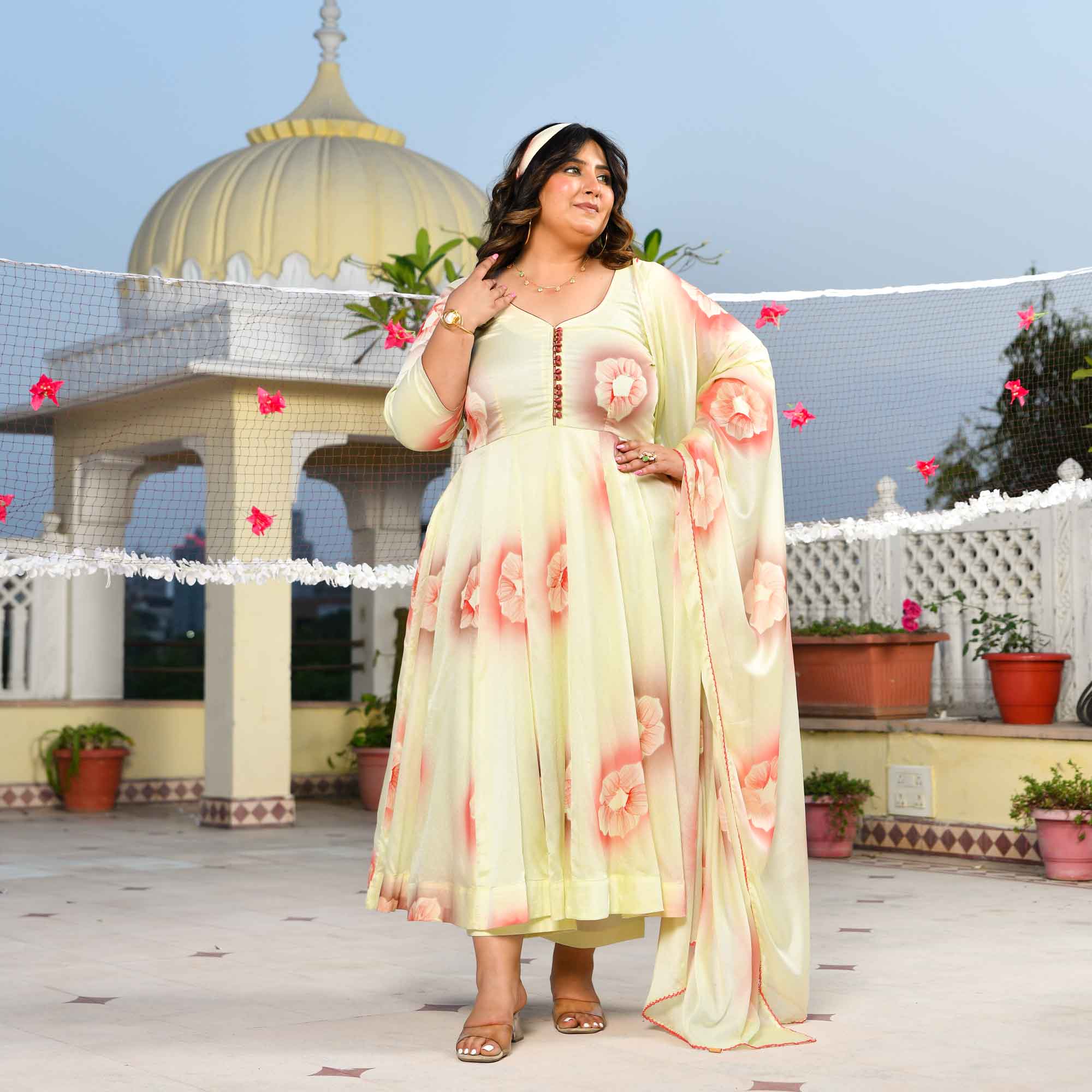 Lemon Chiffon Floral Hand Painted Crepe Chiffon Blend Anarkali Set