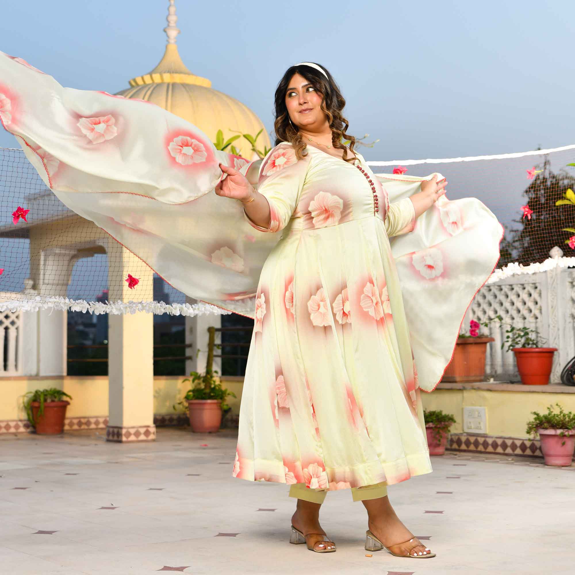 Lemon Chiffon Floral Hand Painted Crepe Chiffon Blend Anarkali Set
