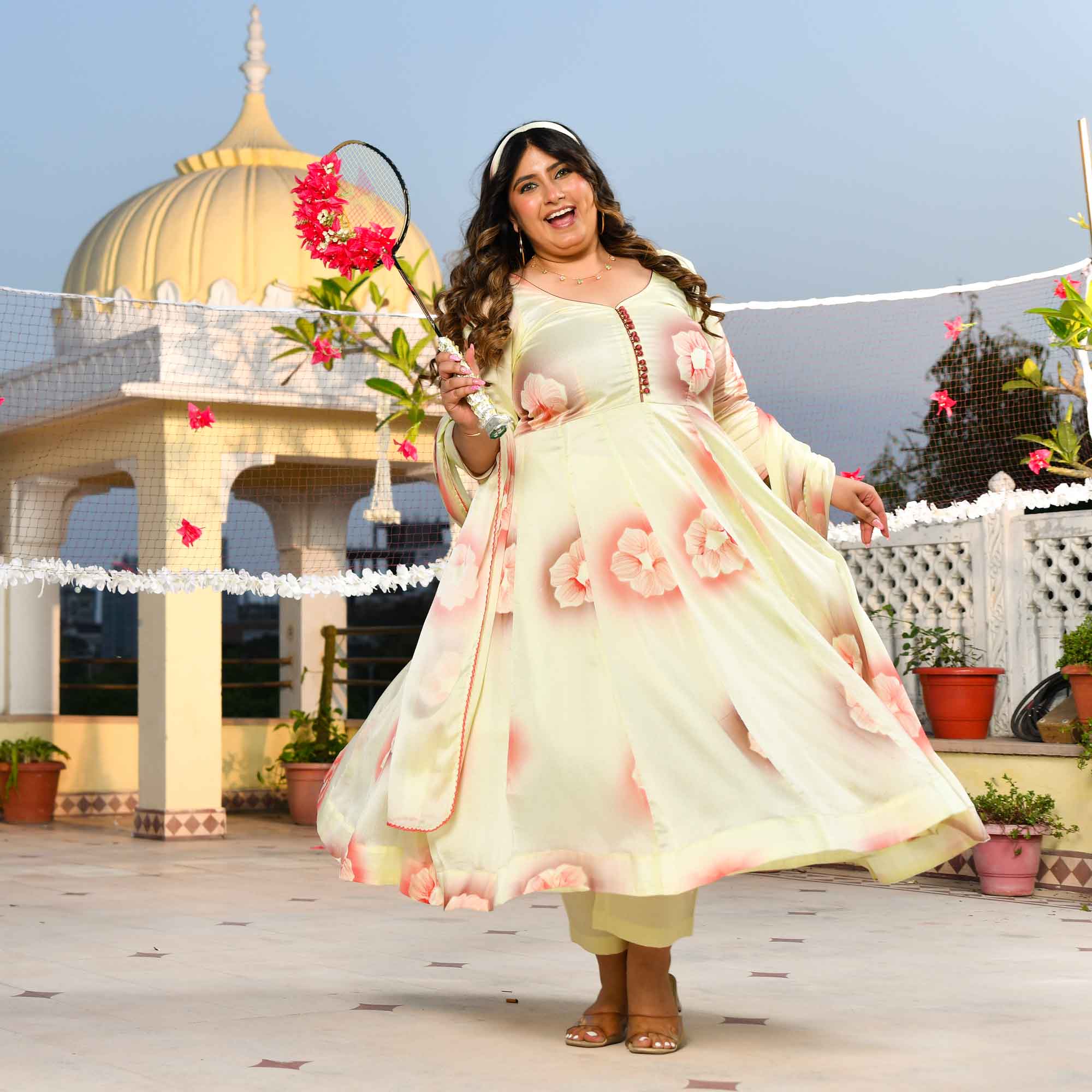 Lemon Chiffon Floral Hand Painted Crepe Chiffon Blend Anarkali Set