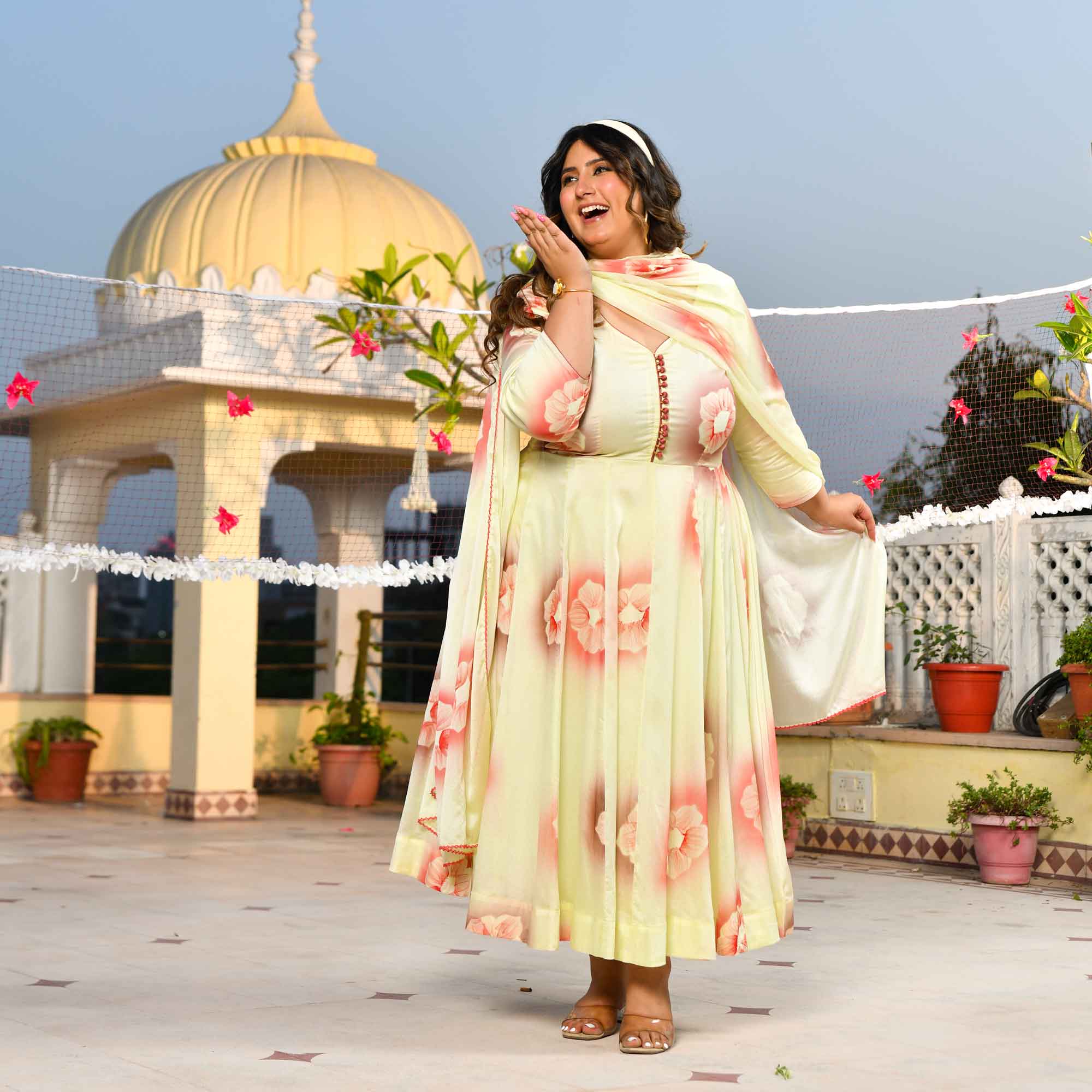 Lemon Chiffon Floral Hand Painted Crepe Chiffon Blend Anarkali Set