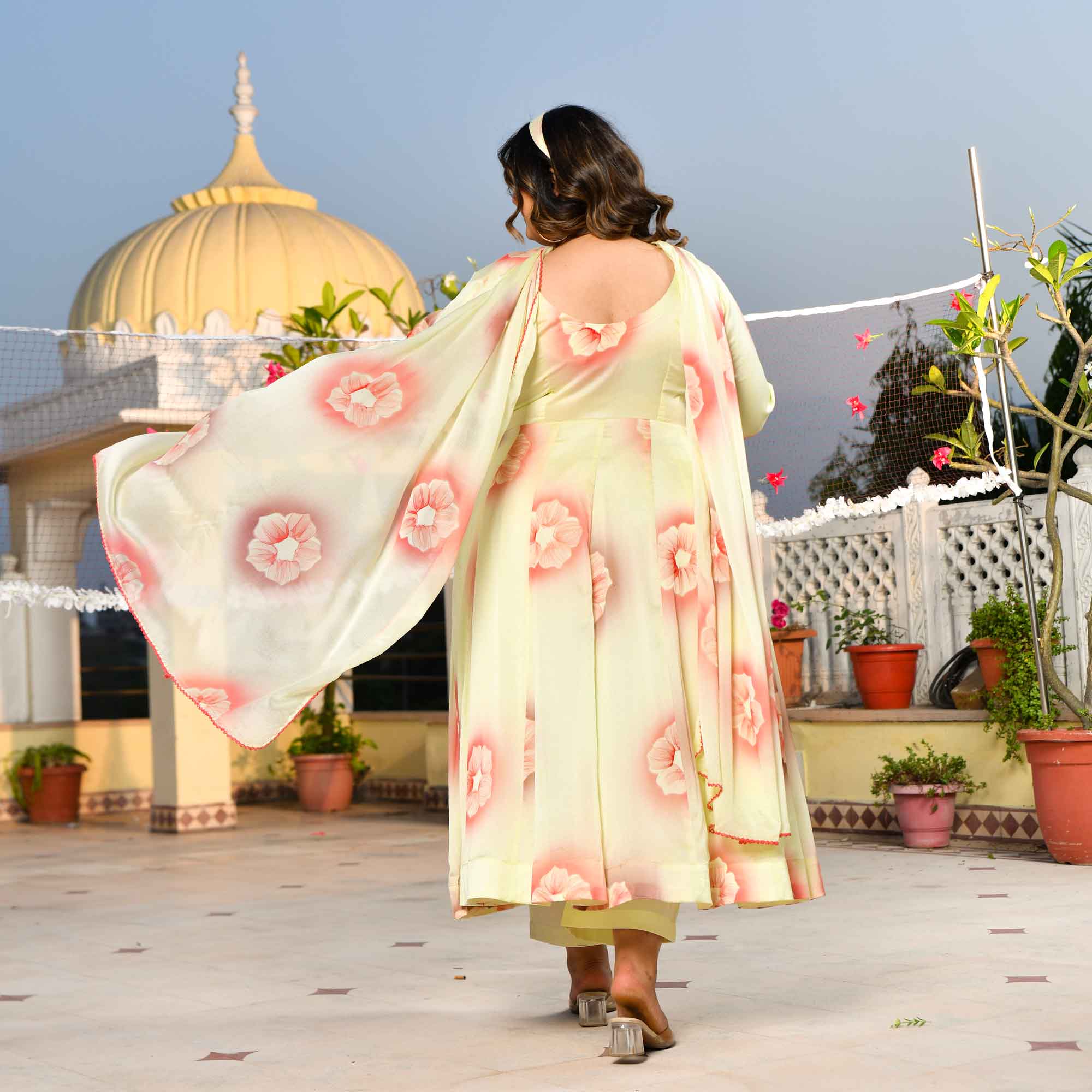 Lemon Chiffon Floral Hand Painted Crepe Chiffon Blend Anarkali Set