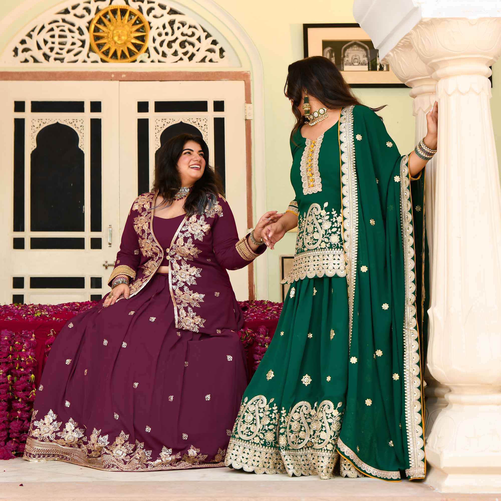 Gulab Jamun- Deep Wine Embroidered Georgette Cape Lehenga Set