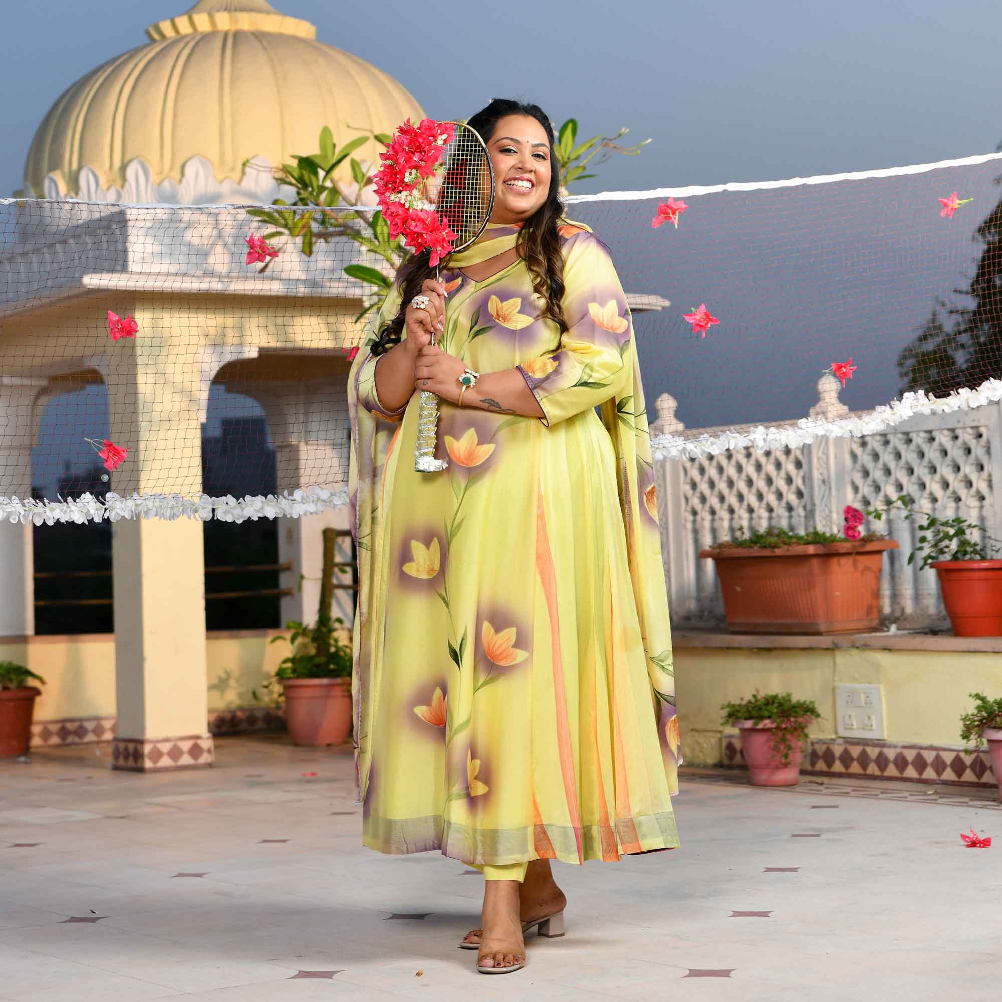 Butter Yellow Floral Hand Painted Crepe Chiffon Blend Anarkali Set