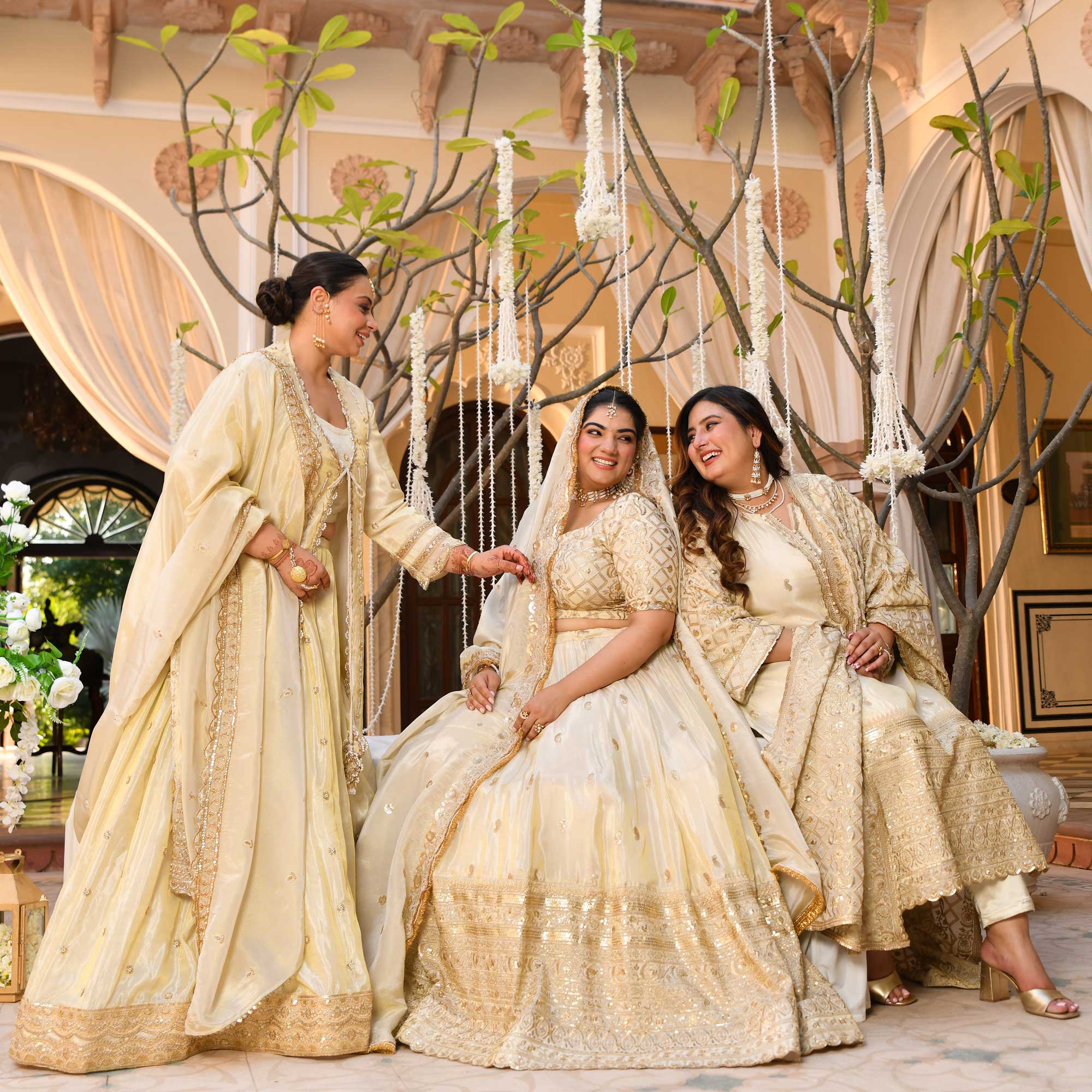 SAHIBA- Ivory & Gold Sequin Embroidered Pure Tissue Silk Suit Set