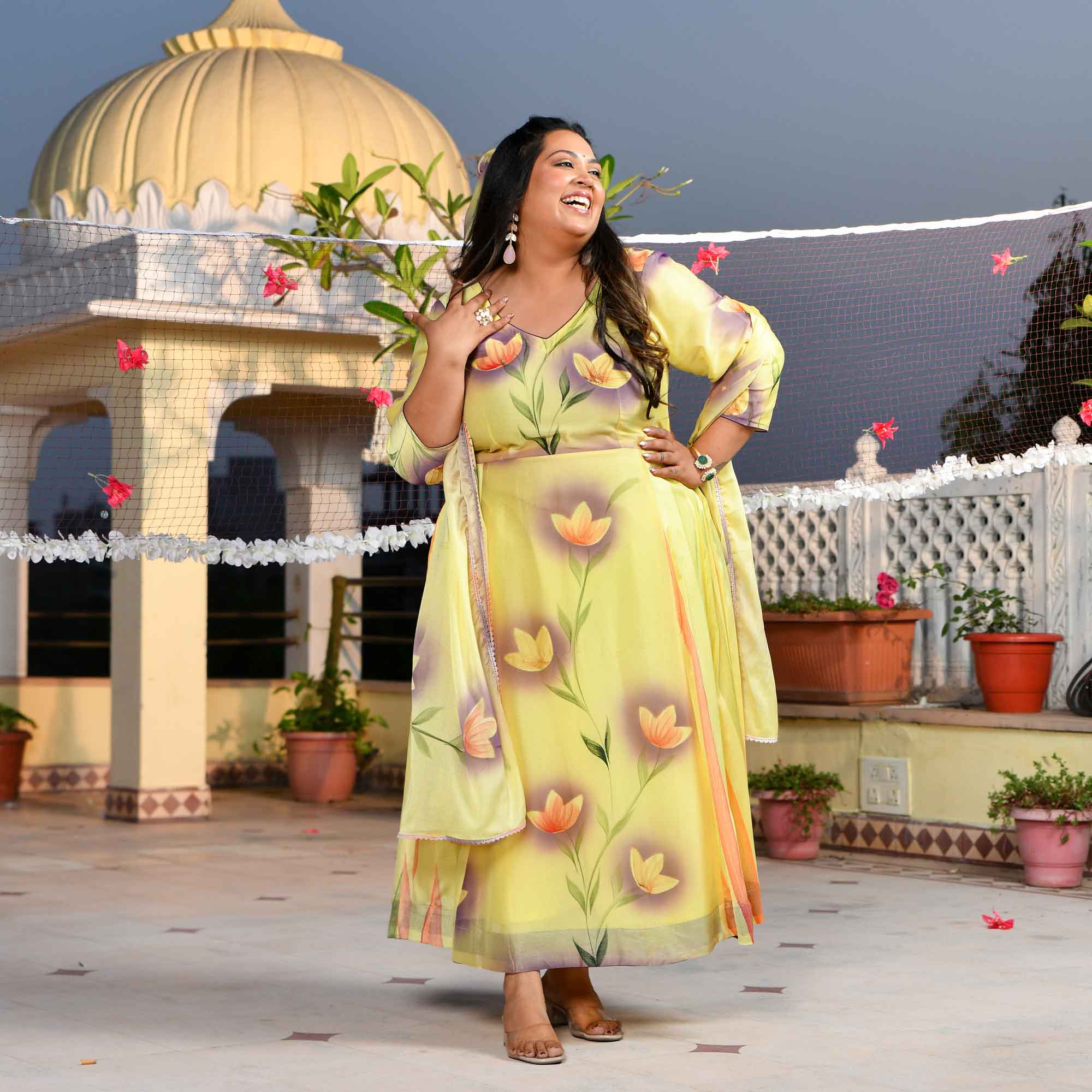 Butter Yellow Floral Hand Painted Crepe Chiffon Blend Anarkali Set