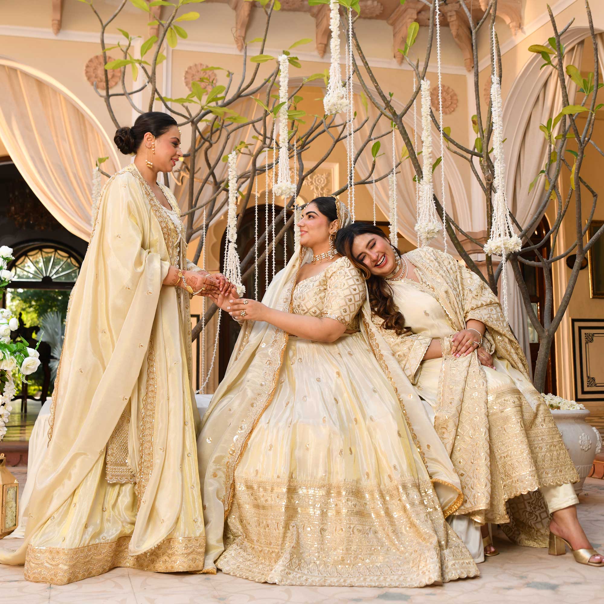 RANJHNA- Ivory & Gold Sequin Embroidered Pure Tissue Silk Lehenga Set