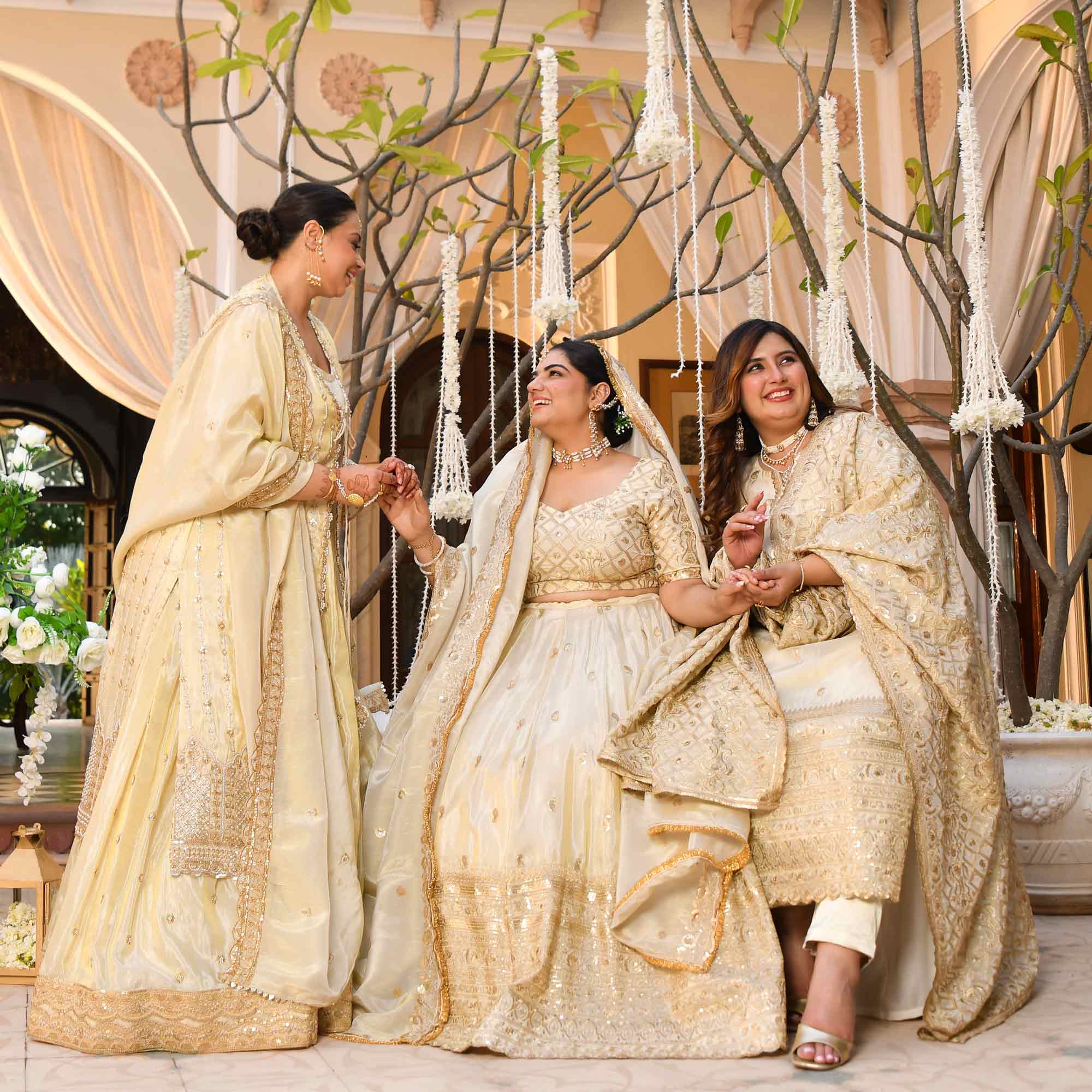 SAHIBA- Ivory & Gold Sequin Embroidered Pure Tissue Silk Suit Set