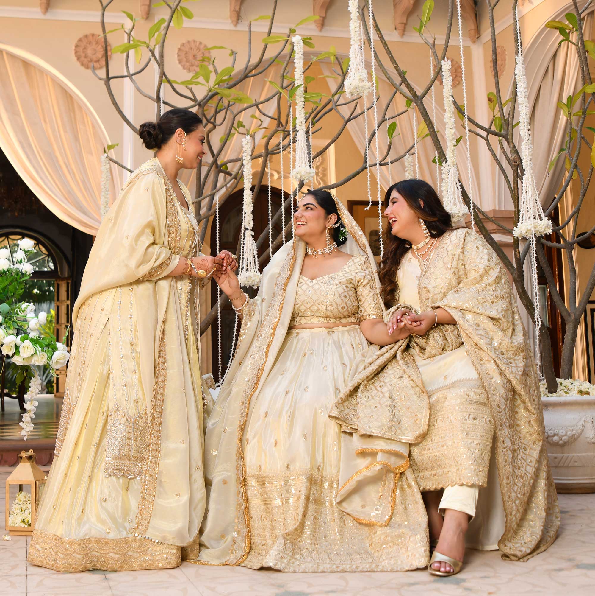 RANJHNA- Ivory & Gold Sequin Embroidered Pure Tissue Silk Lehenga Set