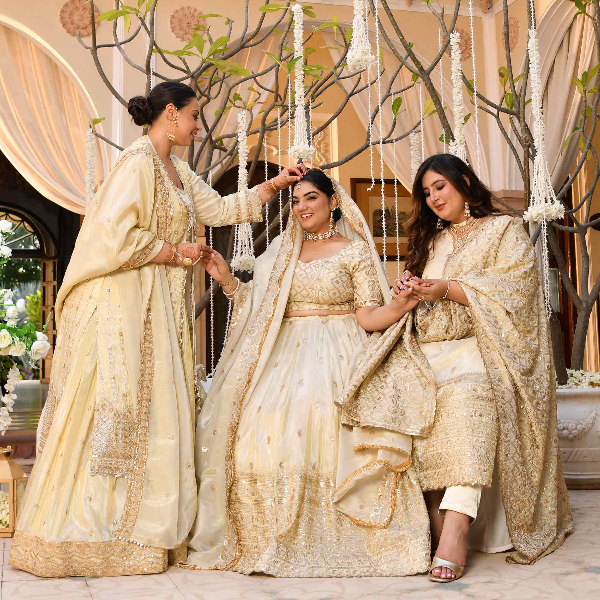 RANJHNA- Ivory & Gold Sequin Embroidered Pure Tissue Silk Lehenga Set