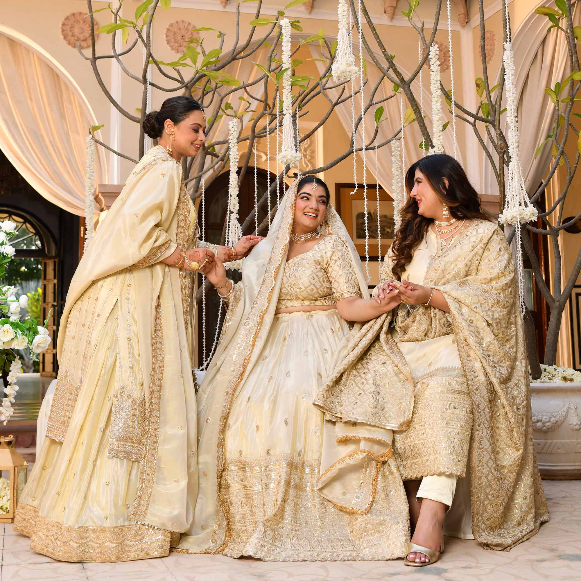 RANJHNA- Ivory & Gold Sequin Embroidered Pure Tissue Silk Lehenga Set