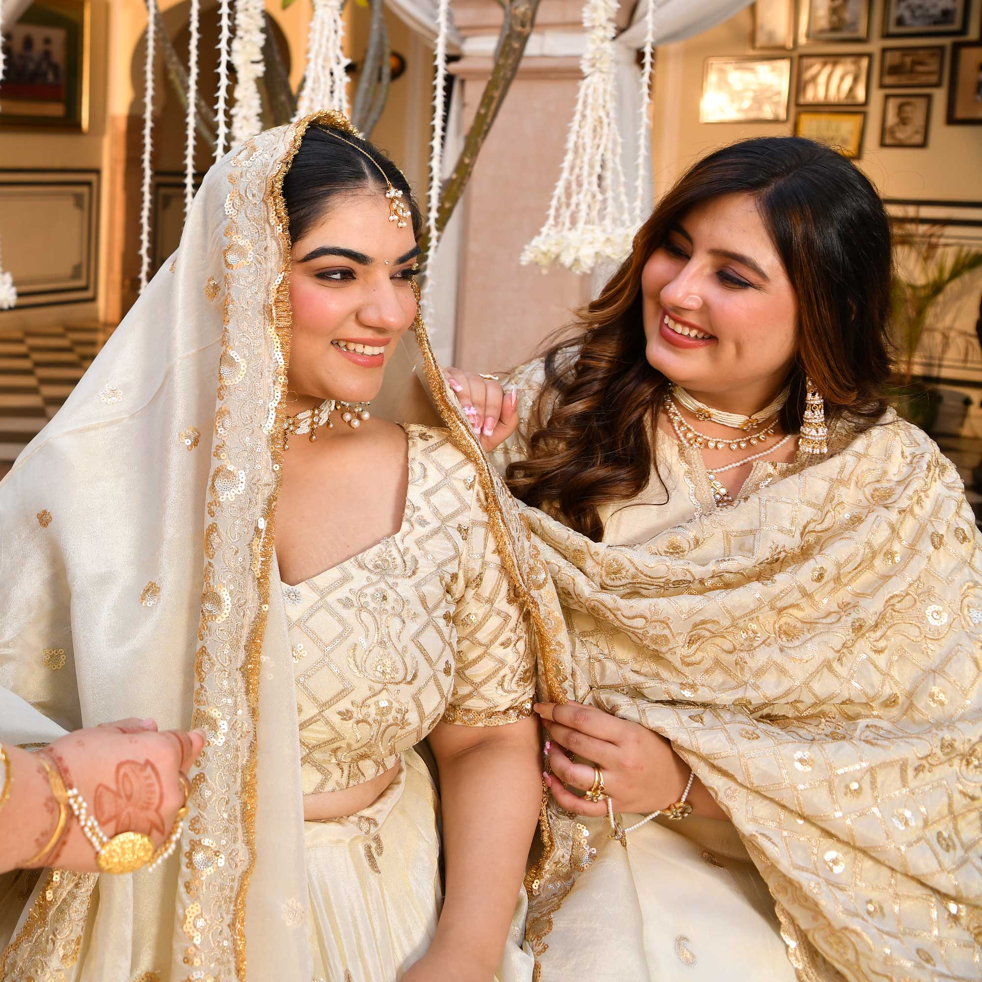 SAHIBA- Ivory & Gold Sequin Embroidered Pure Tissue Silk Suit Set