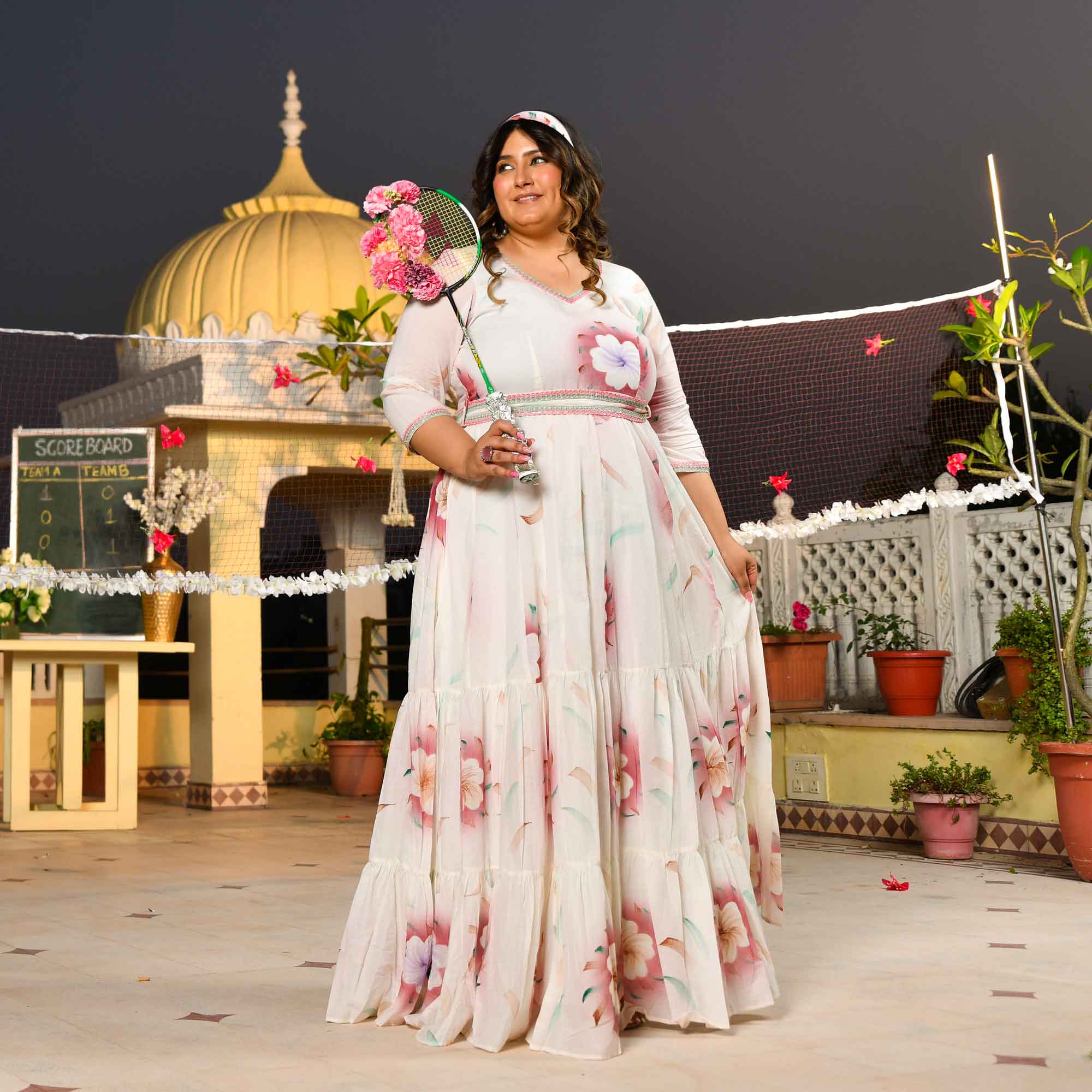 White Forest Floral Hand Painted Mul Cotton Dress