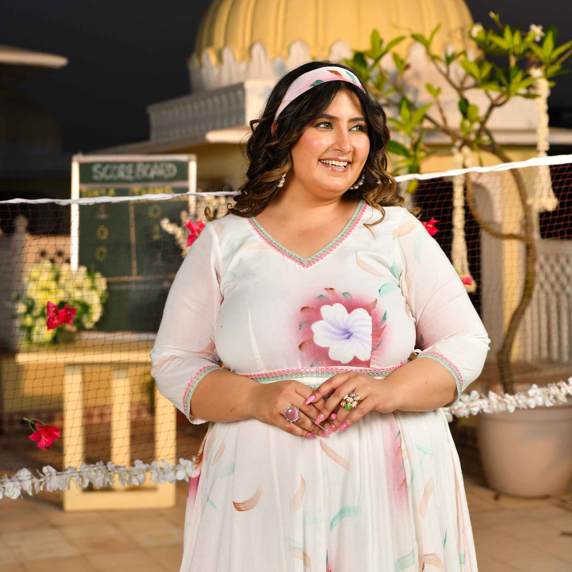 White Forest Floral Hand Painted Mul Cotton Dress