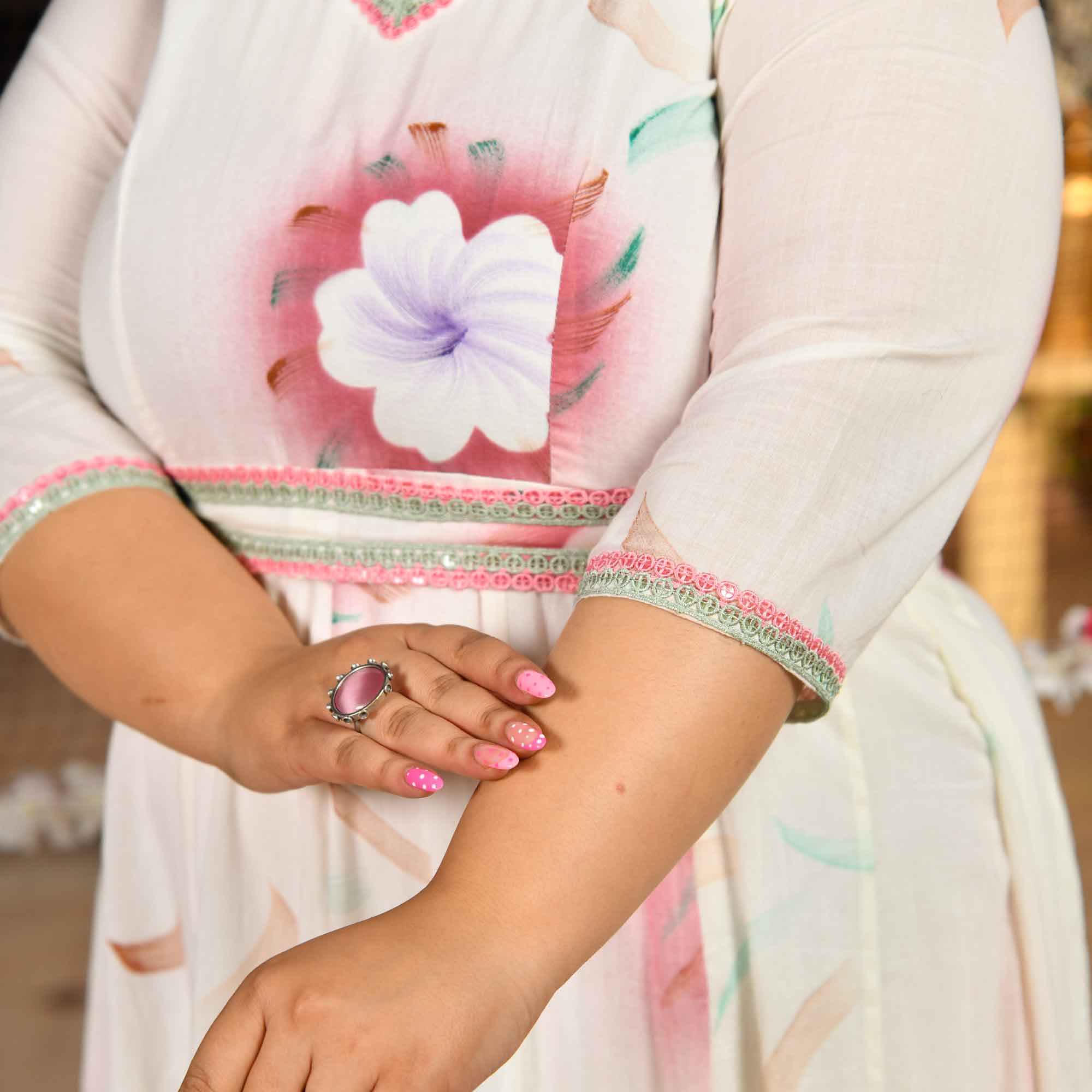 White Forest Floral Hand Painted Mul Cotton Dress