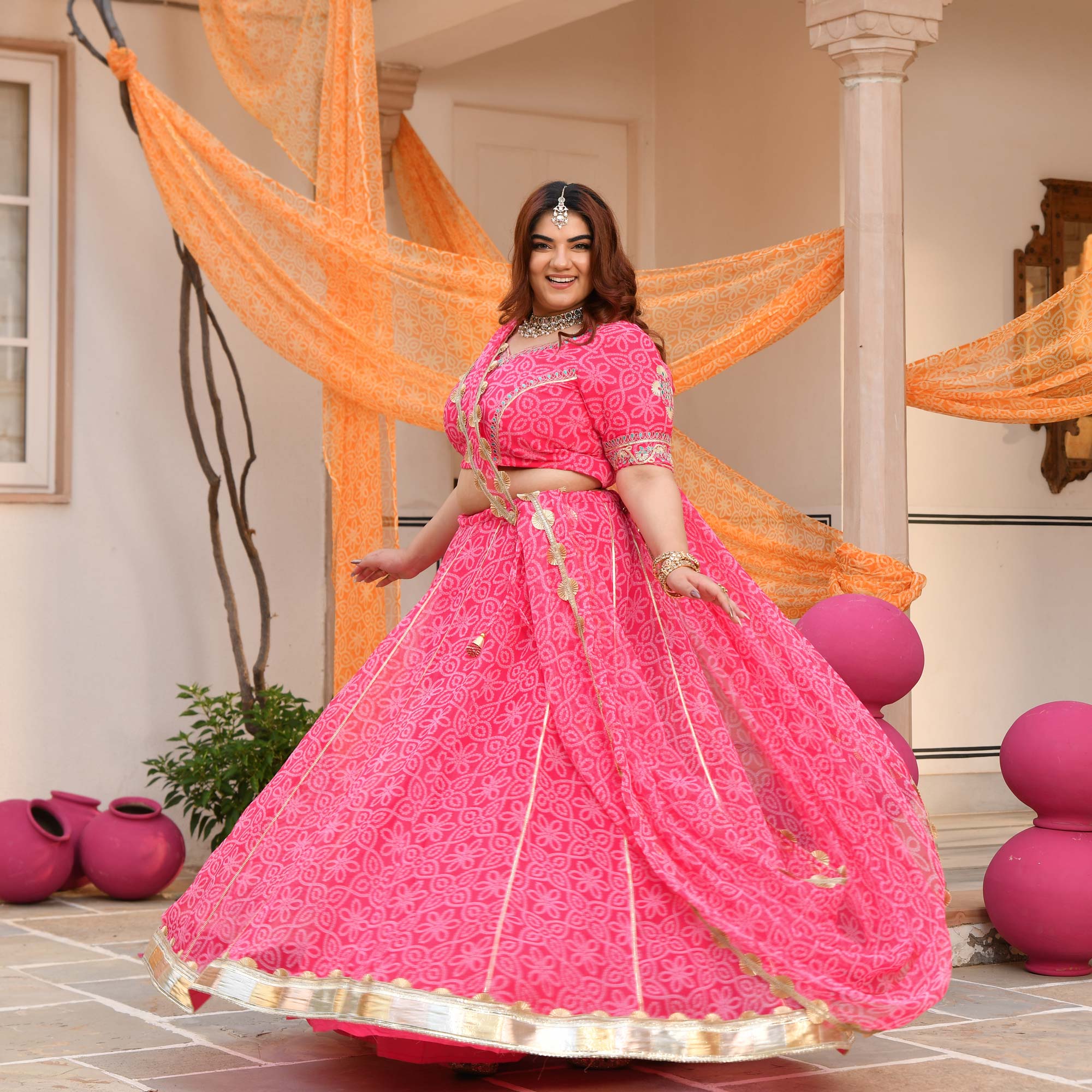 Baisa- Pink Embroidered Bandhani Applique Chiffon Lehenga Set
