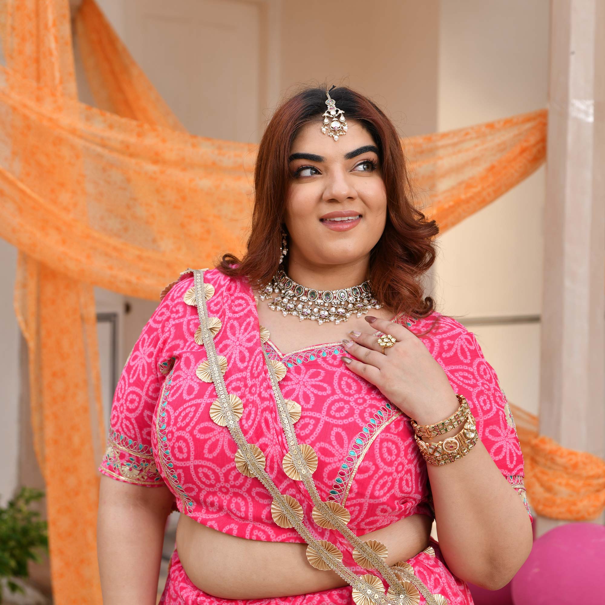 Baisa- Pink Embroidered Bandhani Applique Chiffon Lehenga Set