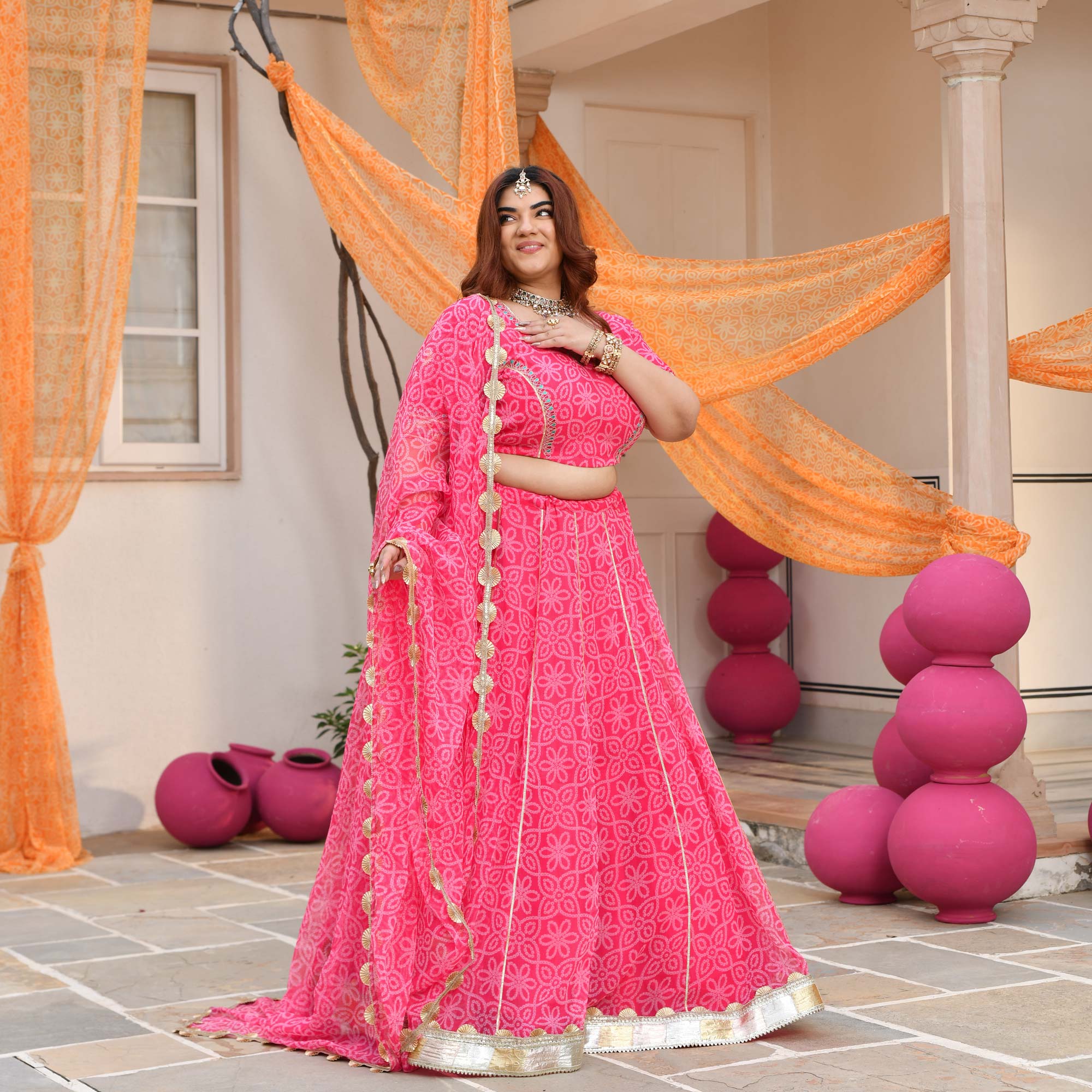 Baisa- Pink Embroidered Bandhani Applique Chiffon Lehenga Set