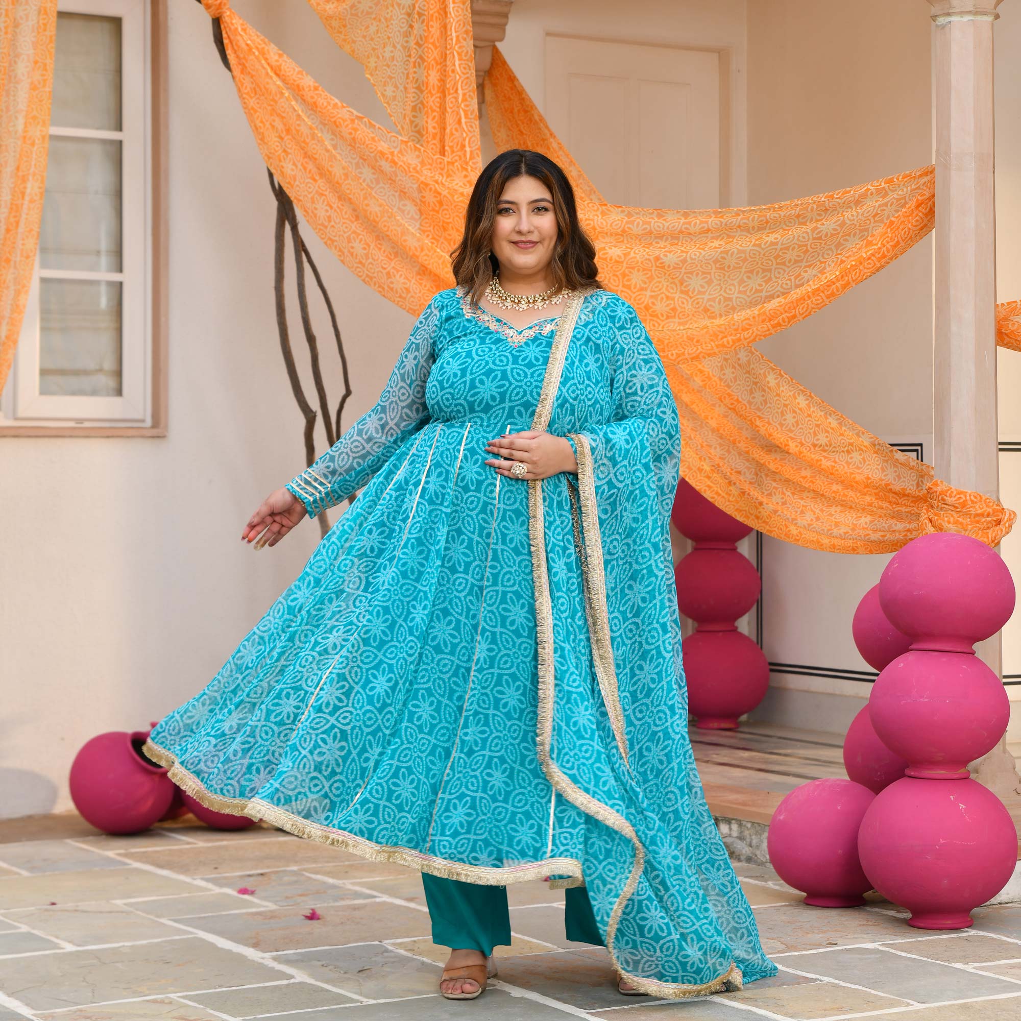Nakhro- Sky Blue Embroidered Bandhani Chiffon Anarkali Set
