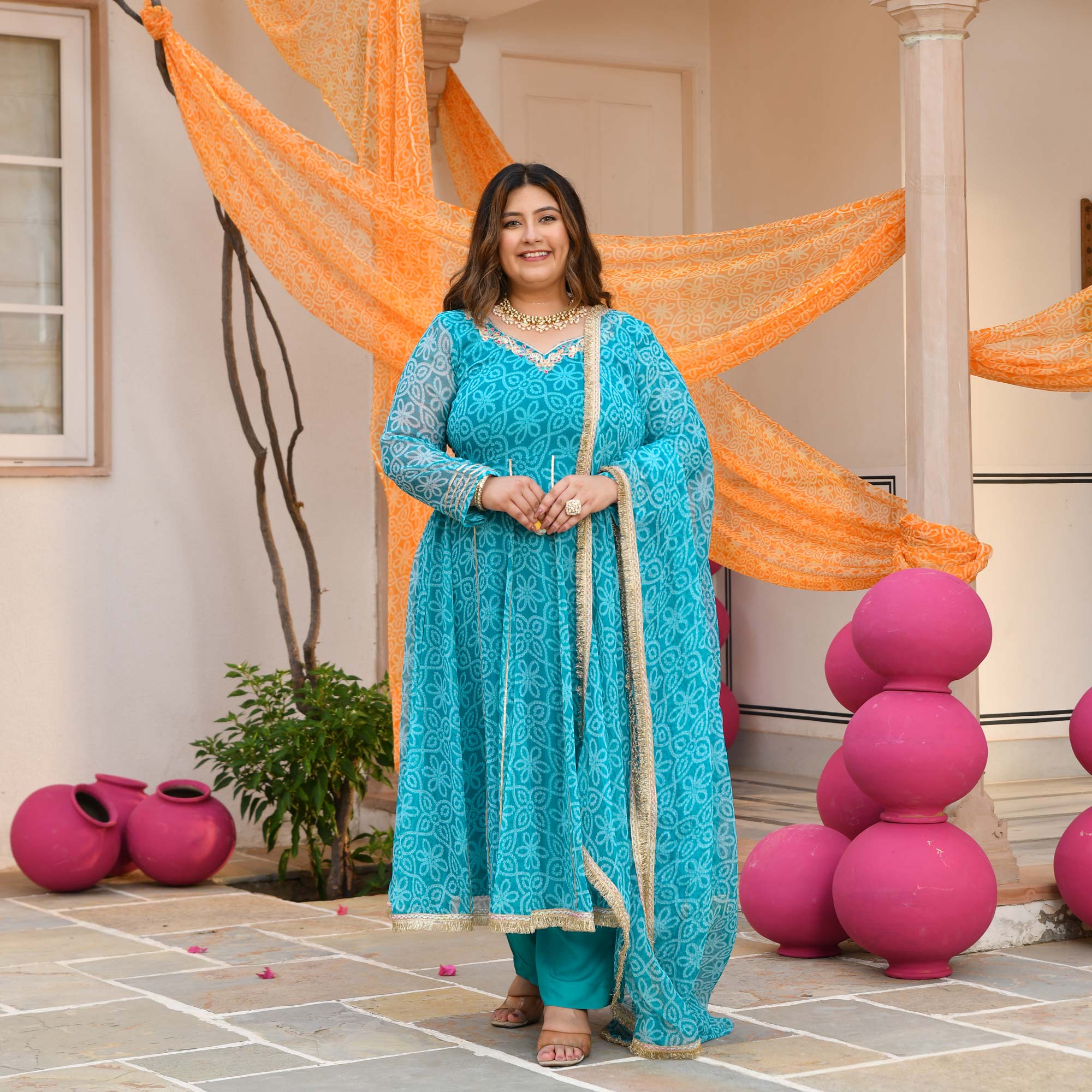 Nakhro- Sky Blue Embroidered Bandhani Chiffon Anarkali Set