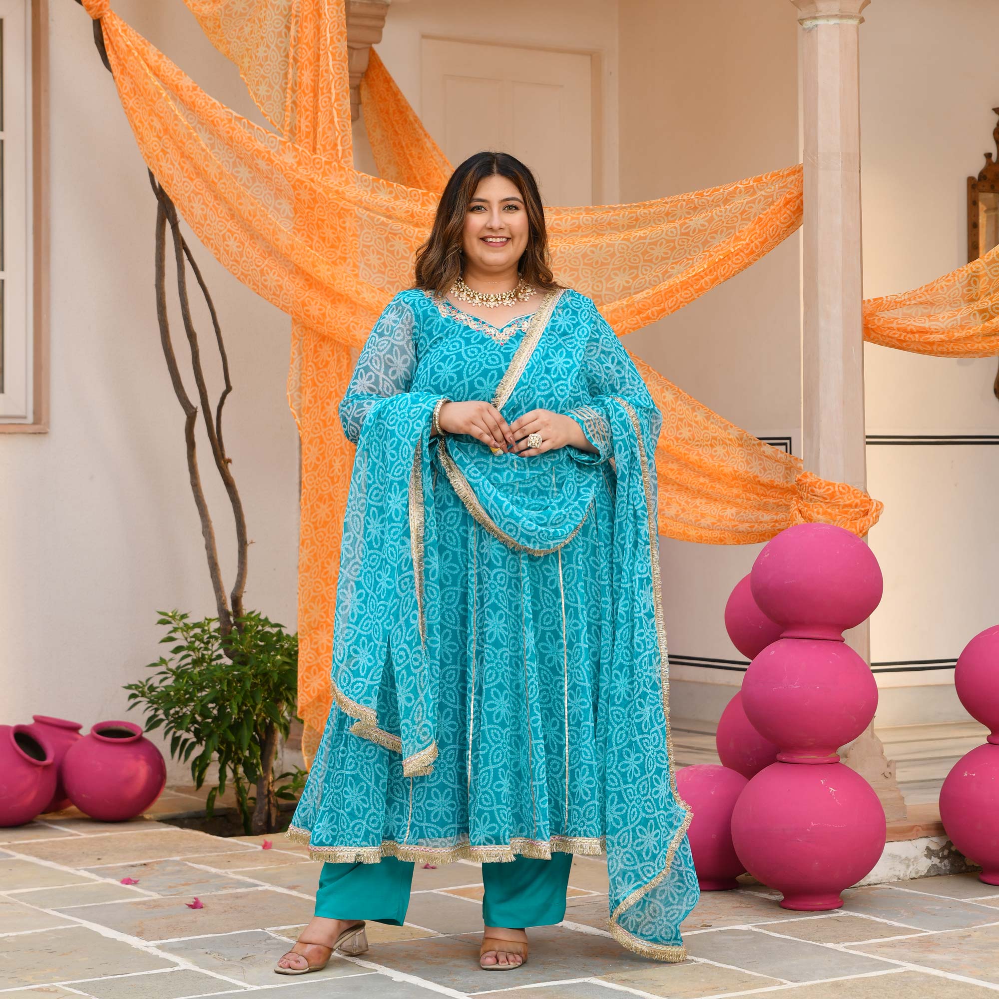 Nakhro- Sky Blue Embroidered Bandhani Chiffon Anarkali Set