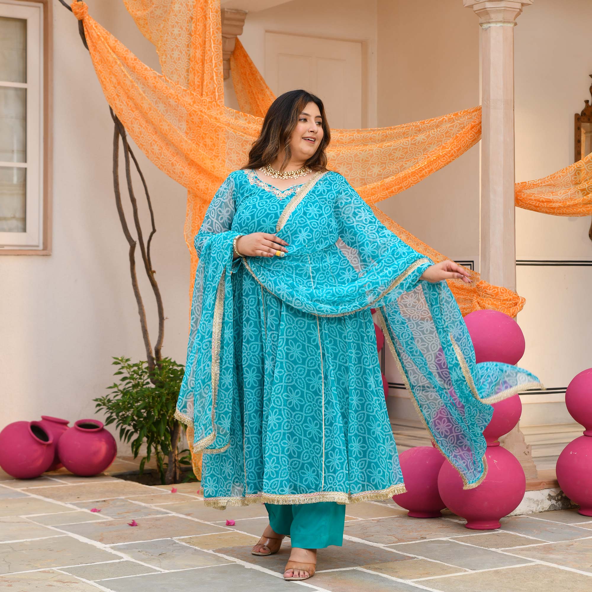 Nakhro- Sky Blue Embroidered Bandhani Chiffon Anarkali Set